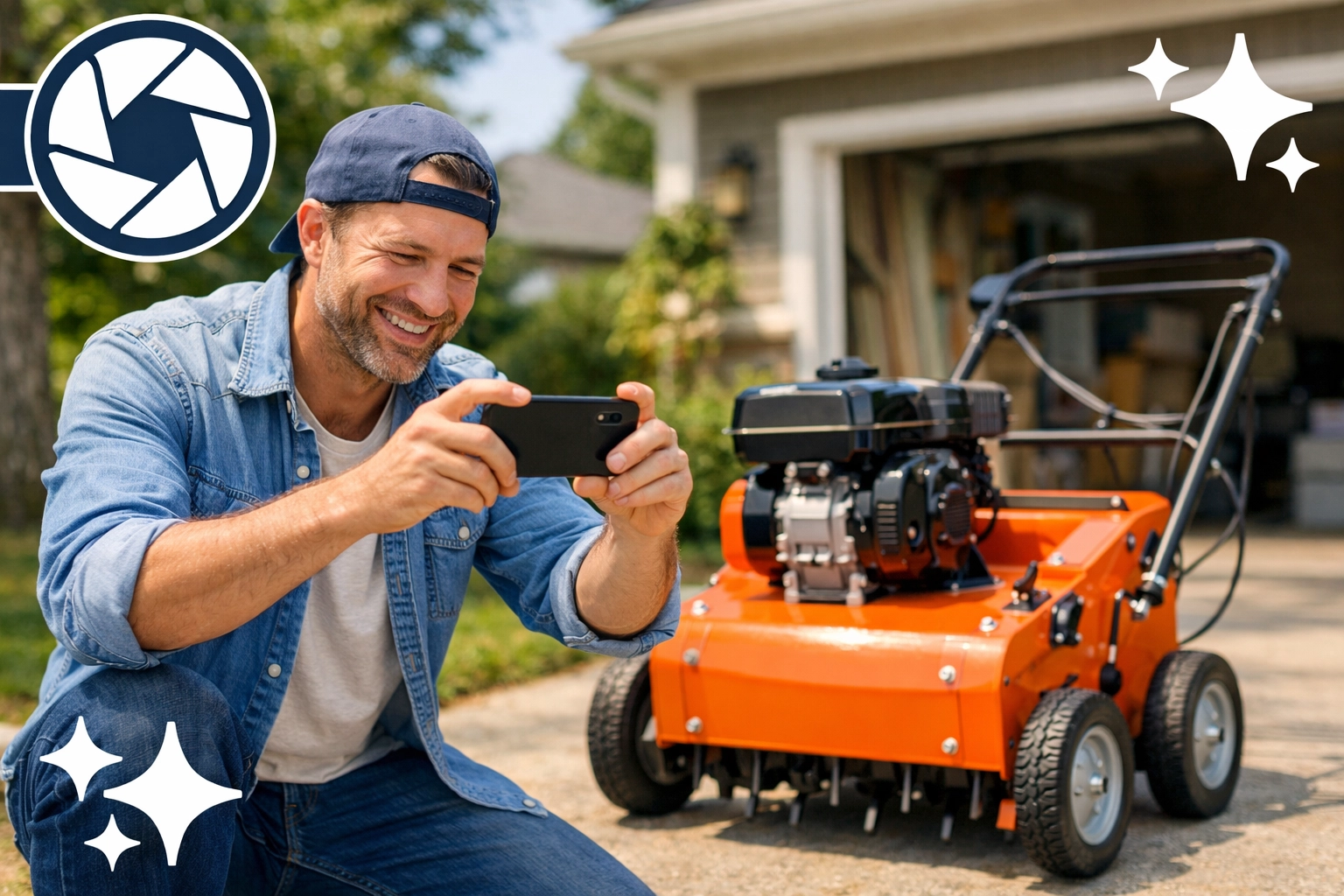 A homeowner taking photos of a lawn aerator to list for rent in Woburn and Burlington.