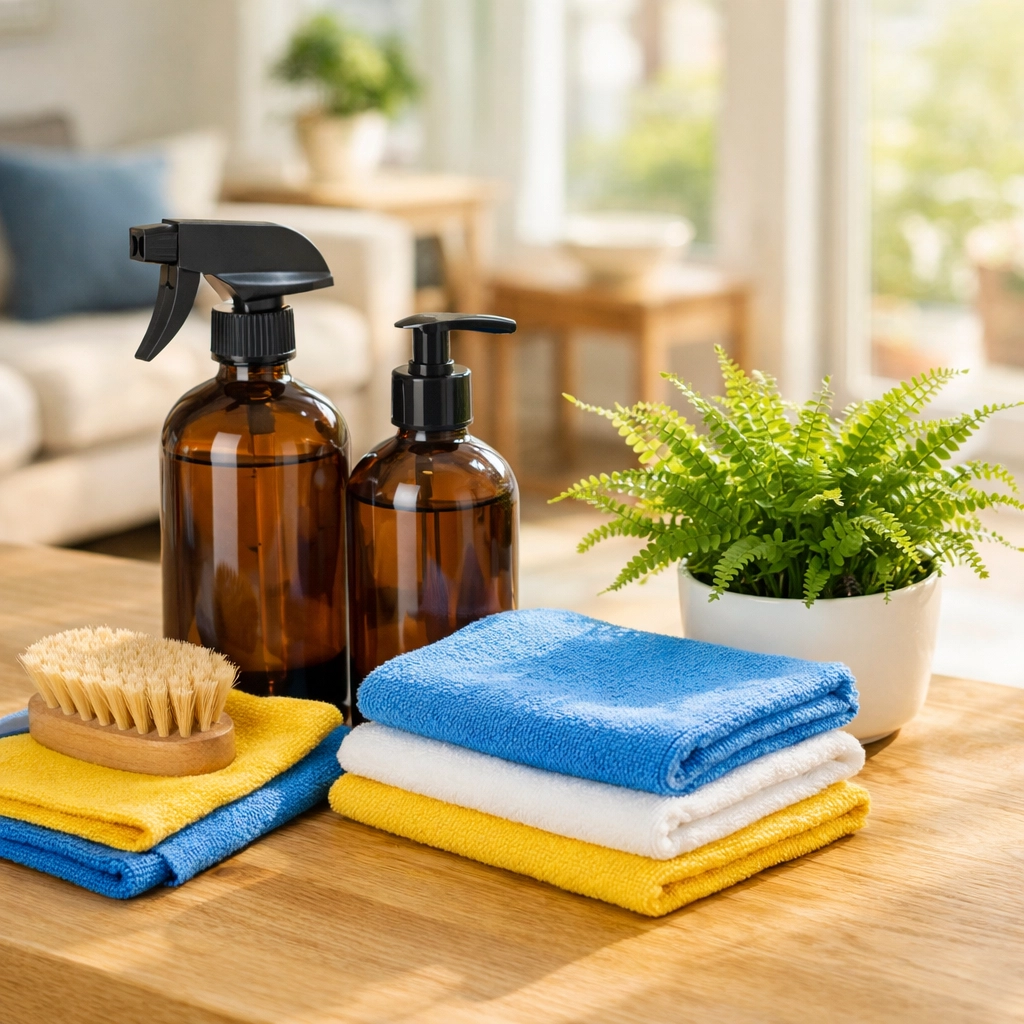 Eco-friendly supplies for green cleaning services Lowell MA arranged on a bright kitchen countertop.