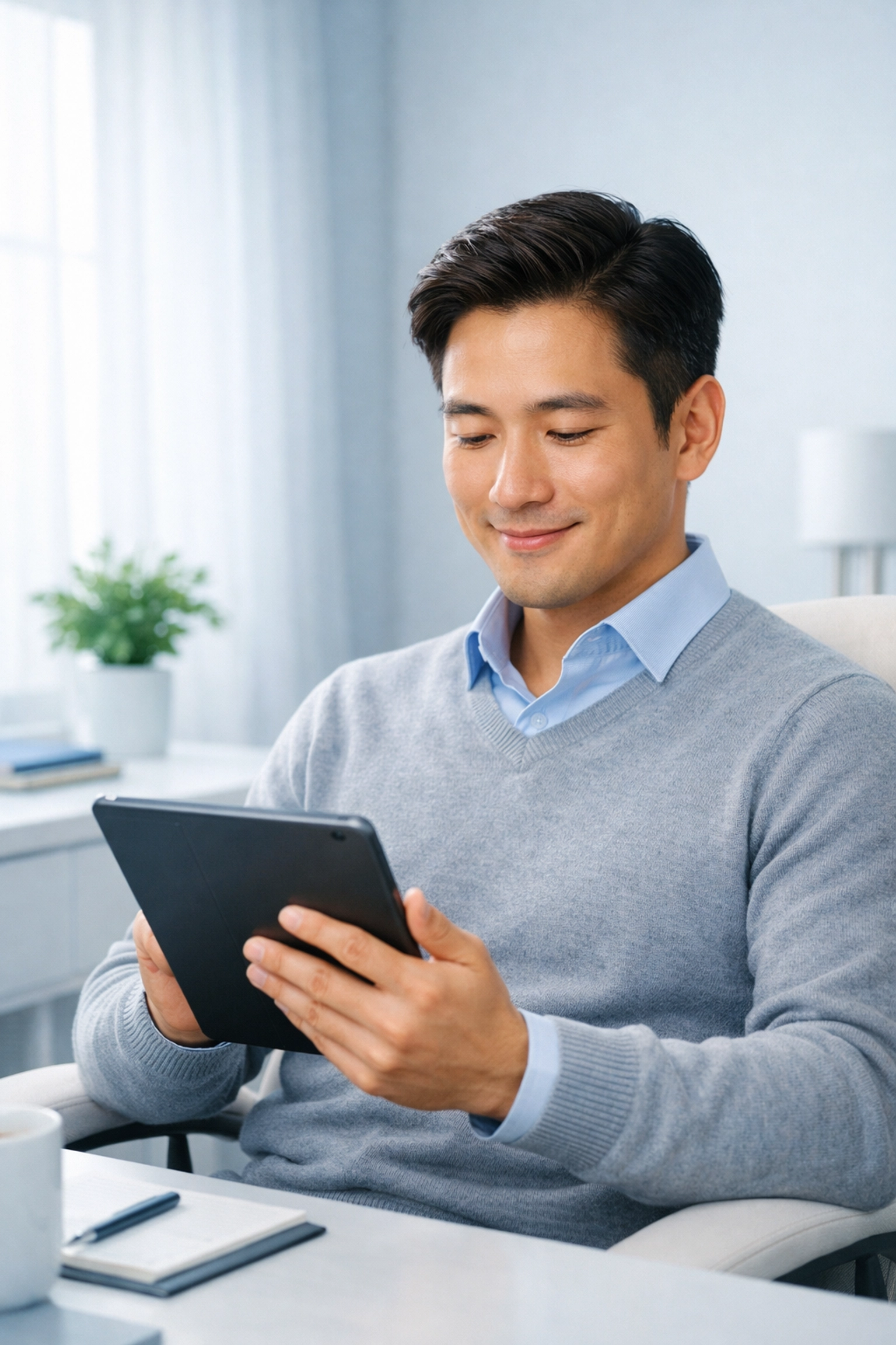 A smiling person reviewing instant loan options on a tablet in a modern home office.