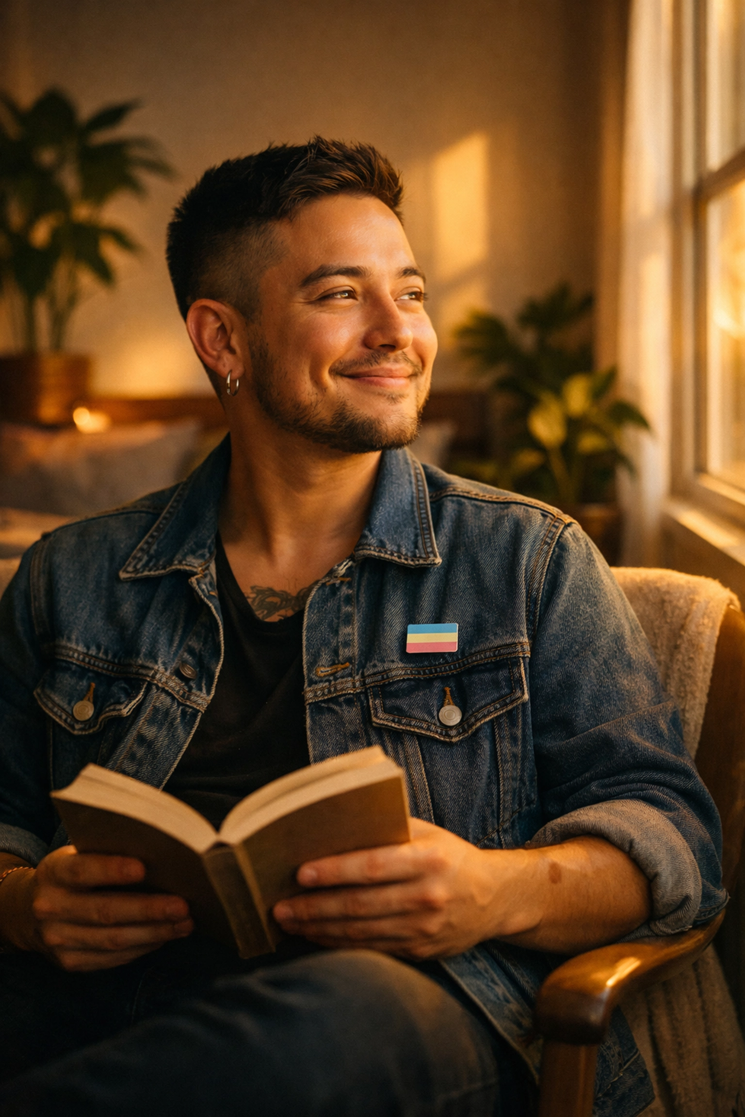 A trans man smiling and reading a book at home, embodying trans joy and authentic storytelling.