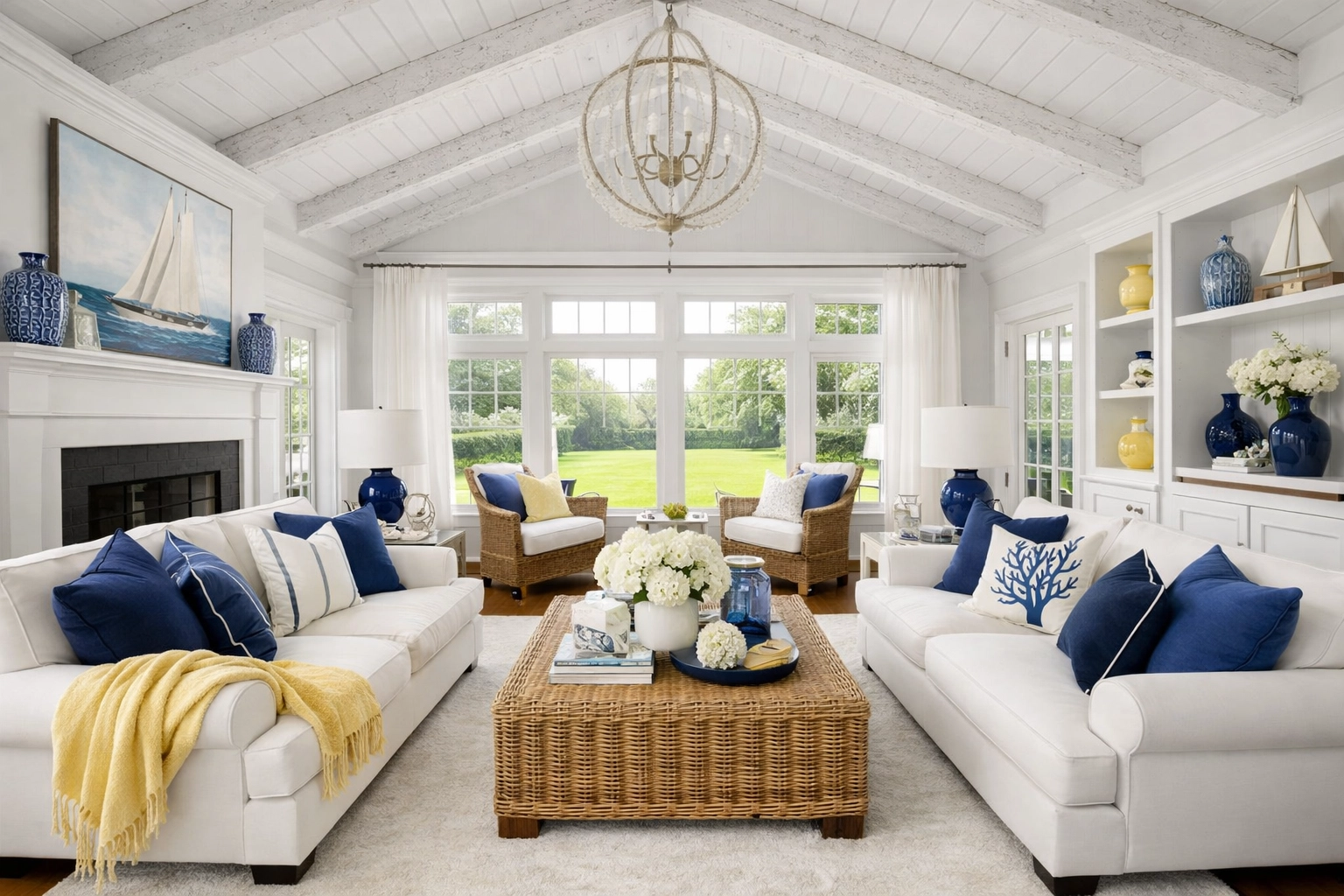 Impeccably tidy South Yarmouth living room with coastal decor after professional maid services.