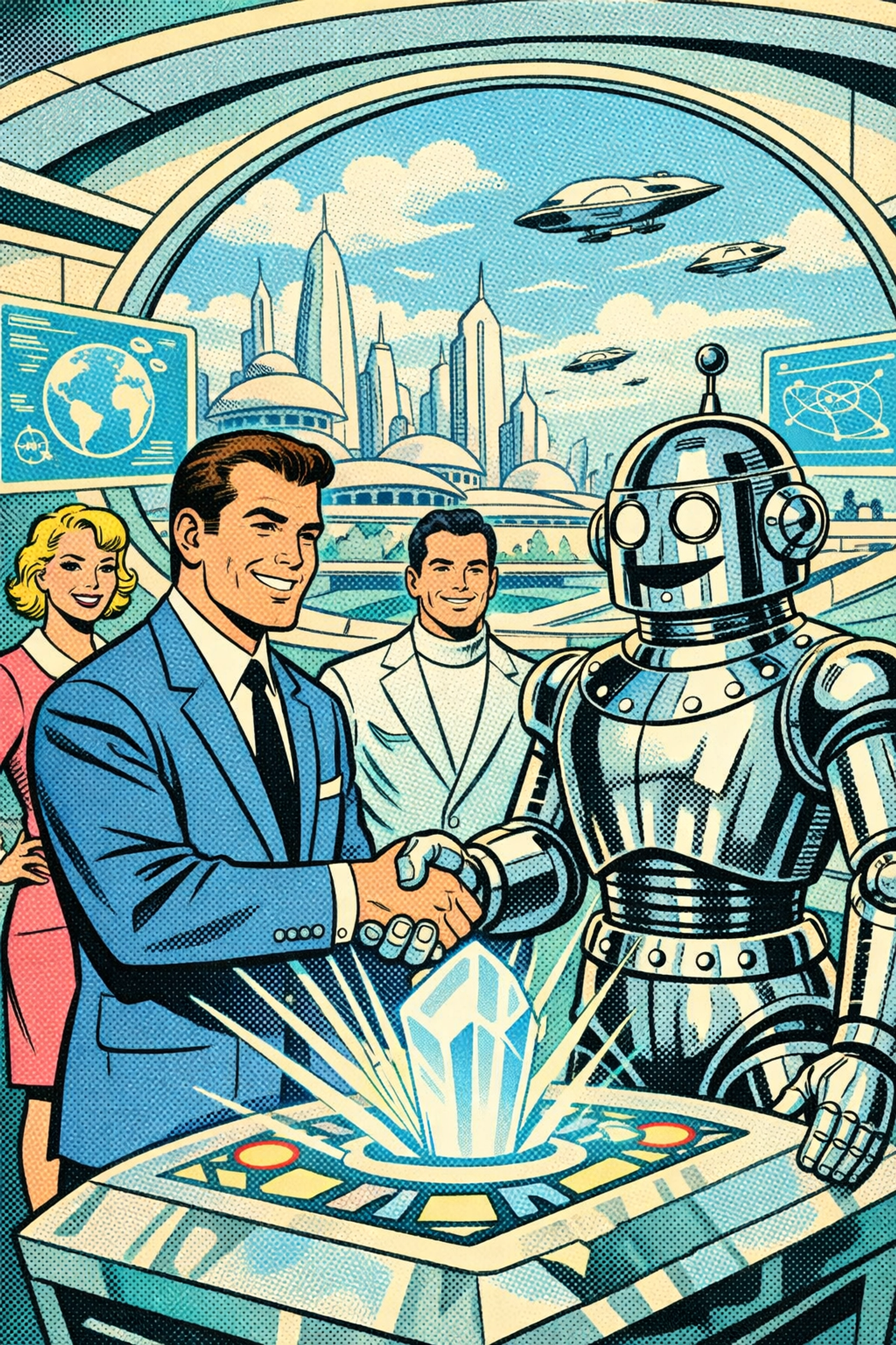 Team leader and robot shaking hands, representing trust in AI-driven enterprise GTM change management.