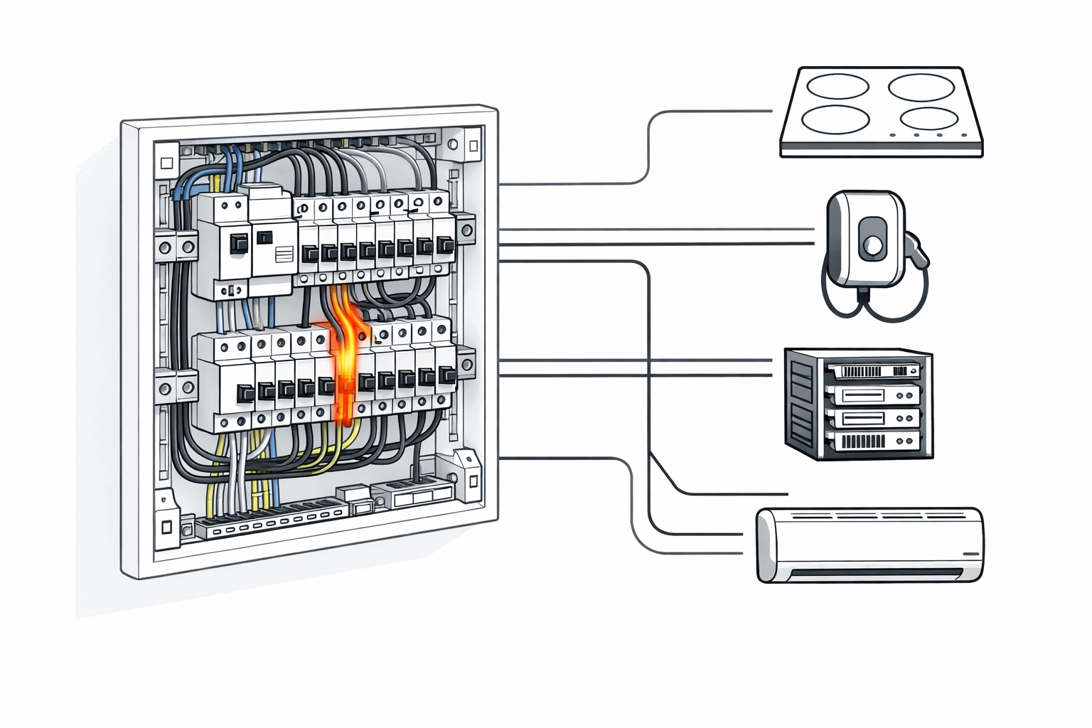 Darstellung einer Überlastung der Elektroinstallation im Verteilerkasten durch moderne Haushaltsgeräte.