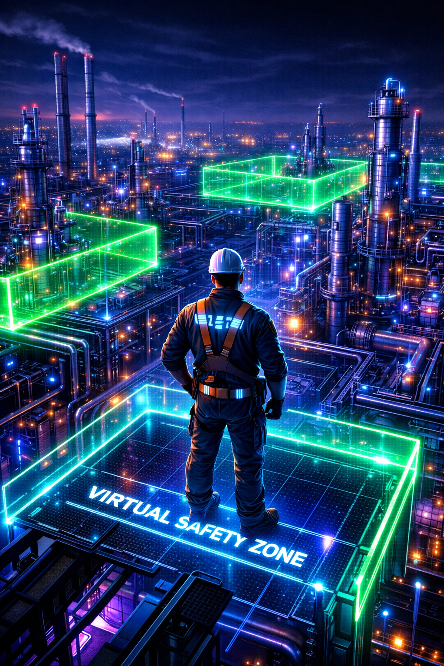 A virtual reality training simulation allowing workers to safely explore a hazardous chemical plant.