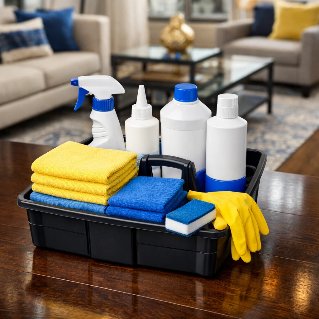 Organized professional cleaning supplies on a hardwood floor for elite residential cleaning in Westwood.