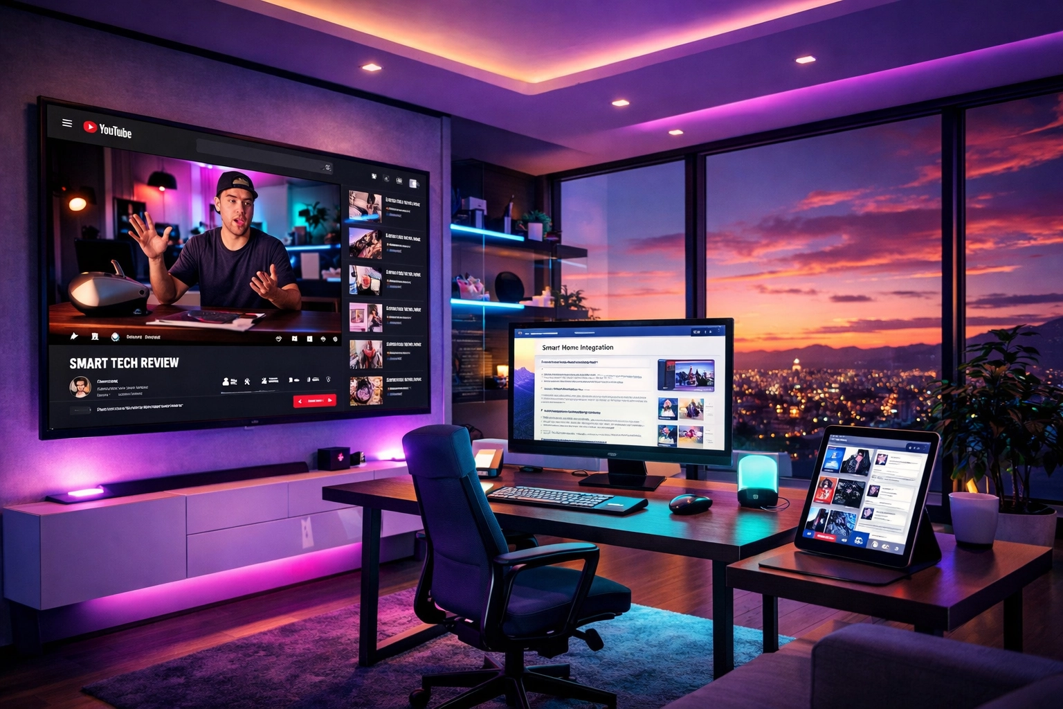 Integrated cross-channel marketing strategy showing ads across search, social media, and video screens.