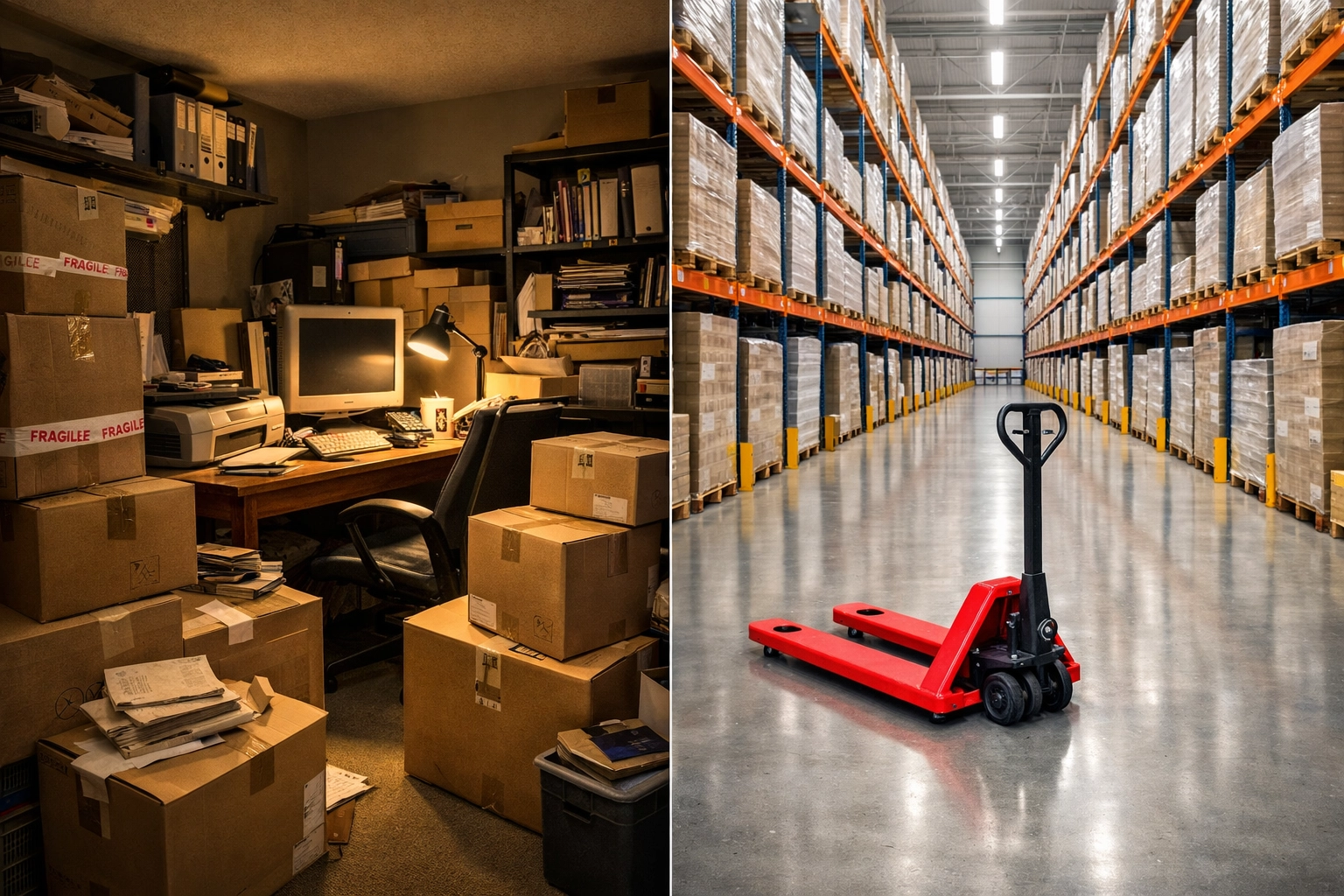 Comparison between a crowded Enfield home office and an organized Hertford storage warehouse facility.
