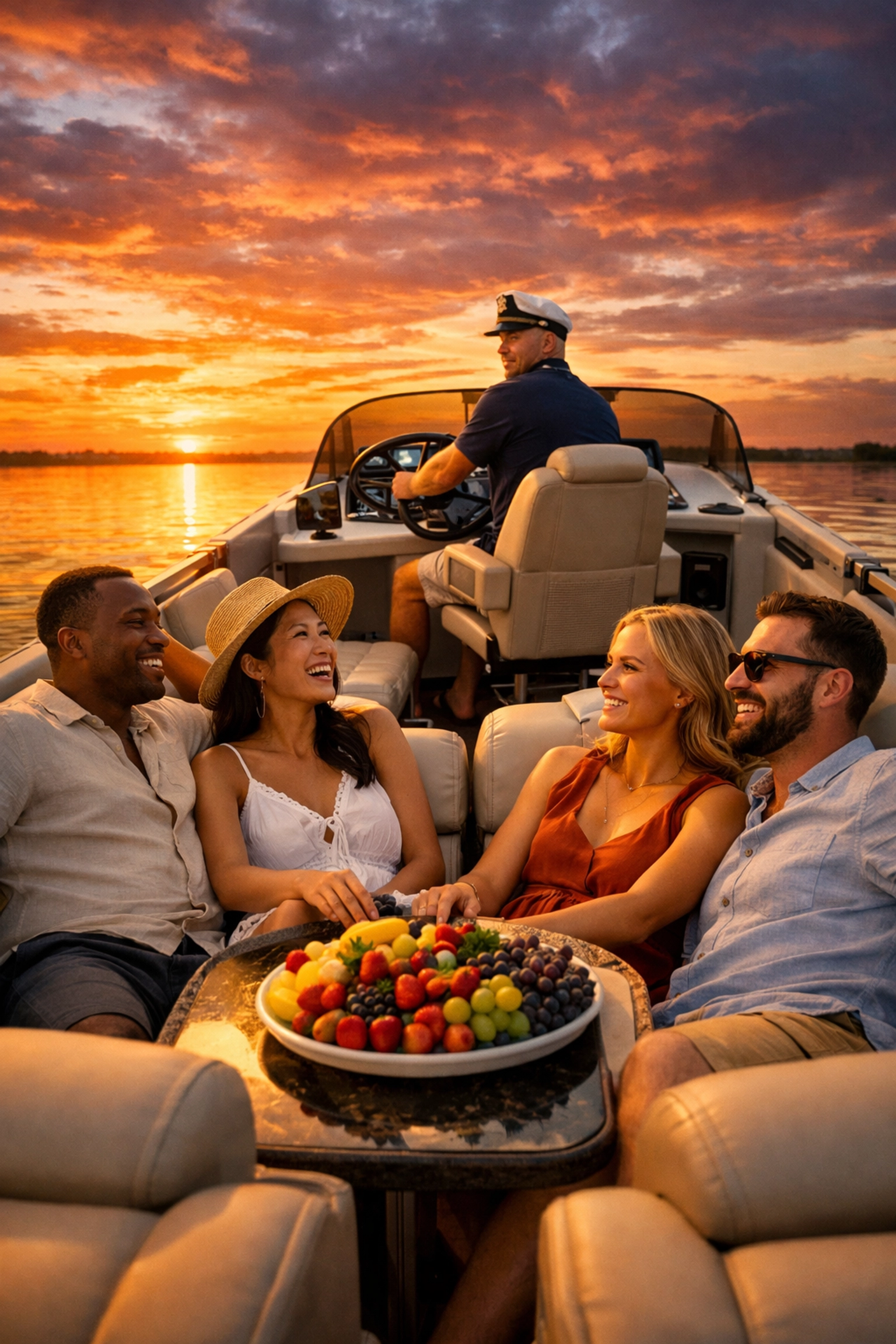 Friends enjoying a luxury captained pontoon boat rental during a scenic sunset on the water.