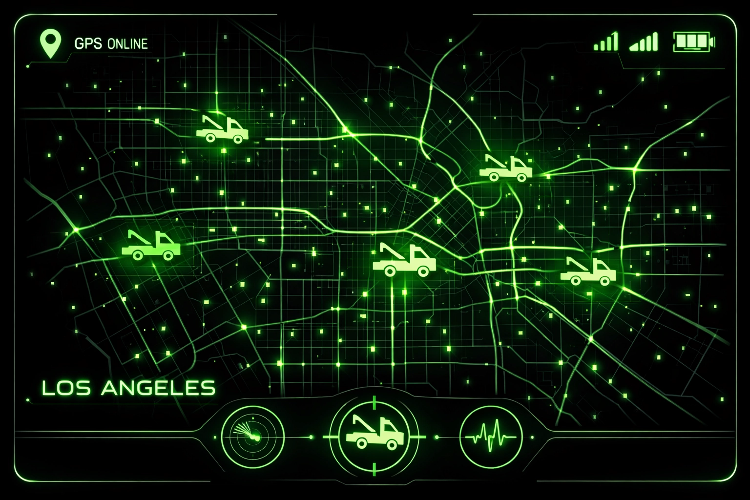 Digital map showing a rapid response fleet of tow trucks across the Los Angeles service area.