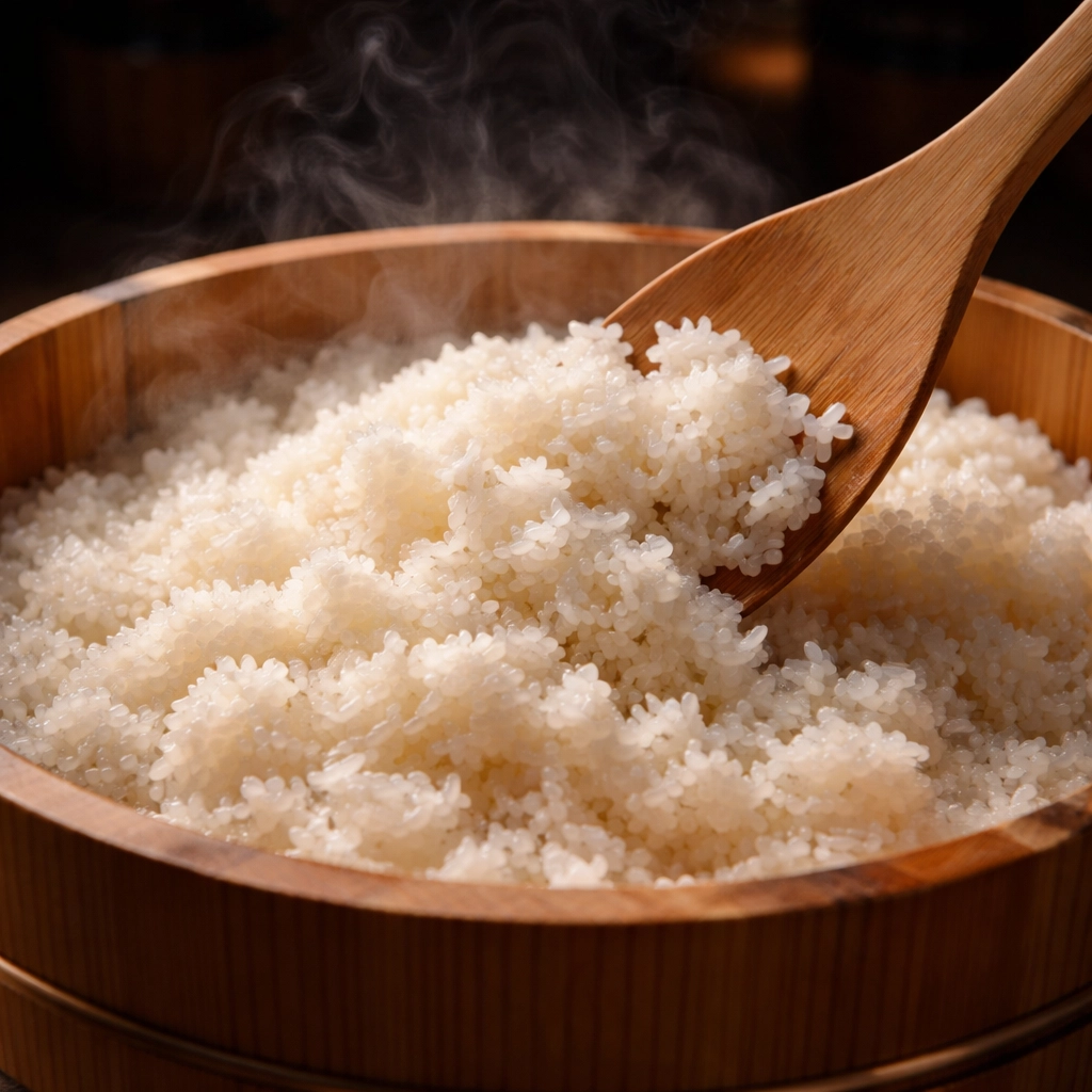 Frisch zubereiteter Sushi-Reis wird in einer traditionellen Holzschüssel für Chirashizushi gefaltet