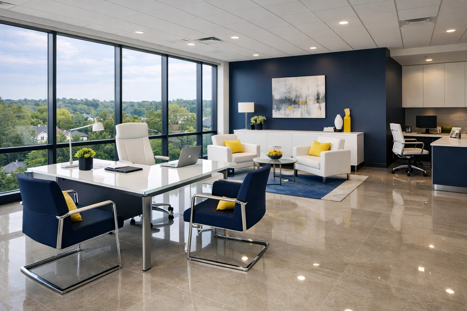 Clean professional office suite in Milton MA with polished floors and modern furniture.