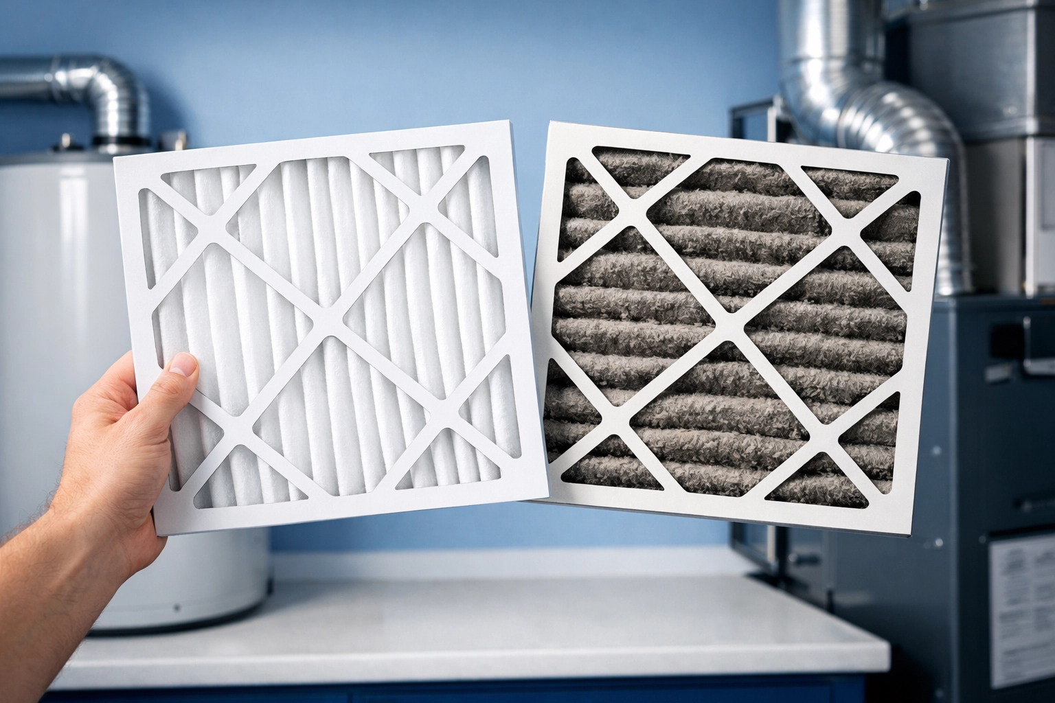 Clean vs dirty air filter comparison highlighting the need for regular HVAC maintenance.