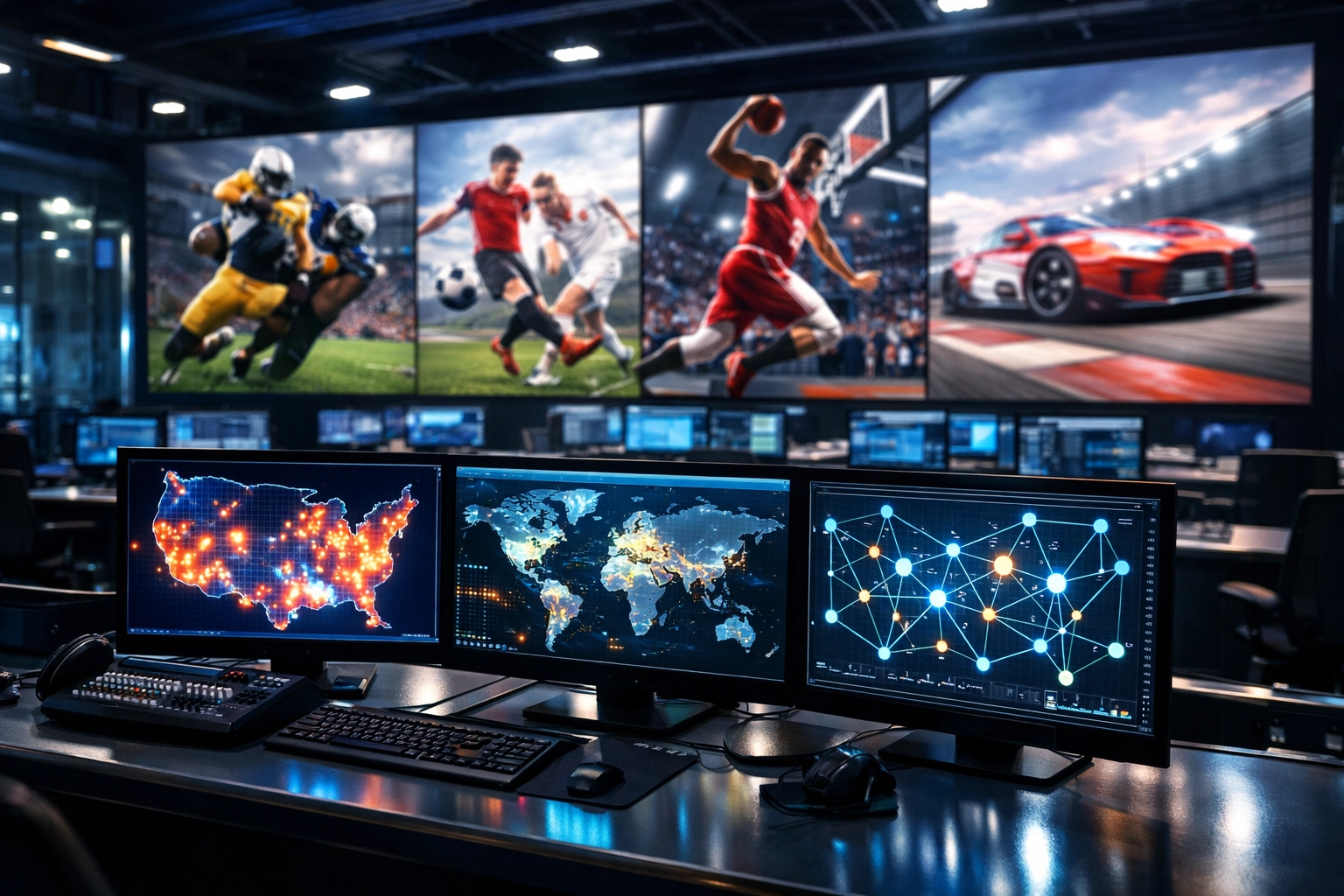 Modern media operations center displaying programmatic DOOH network data and sports advertising campaigns.