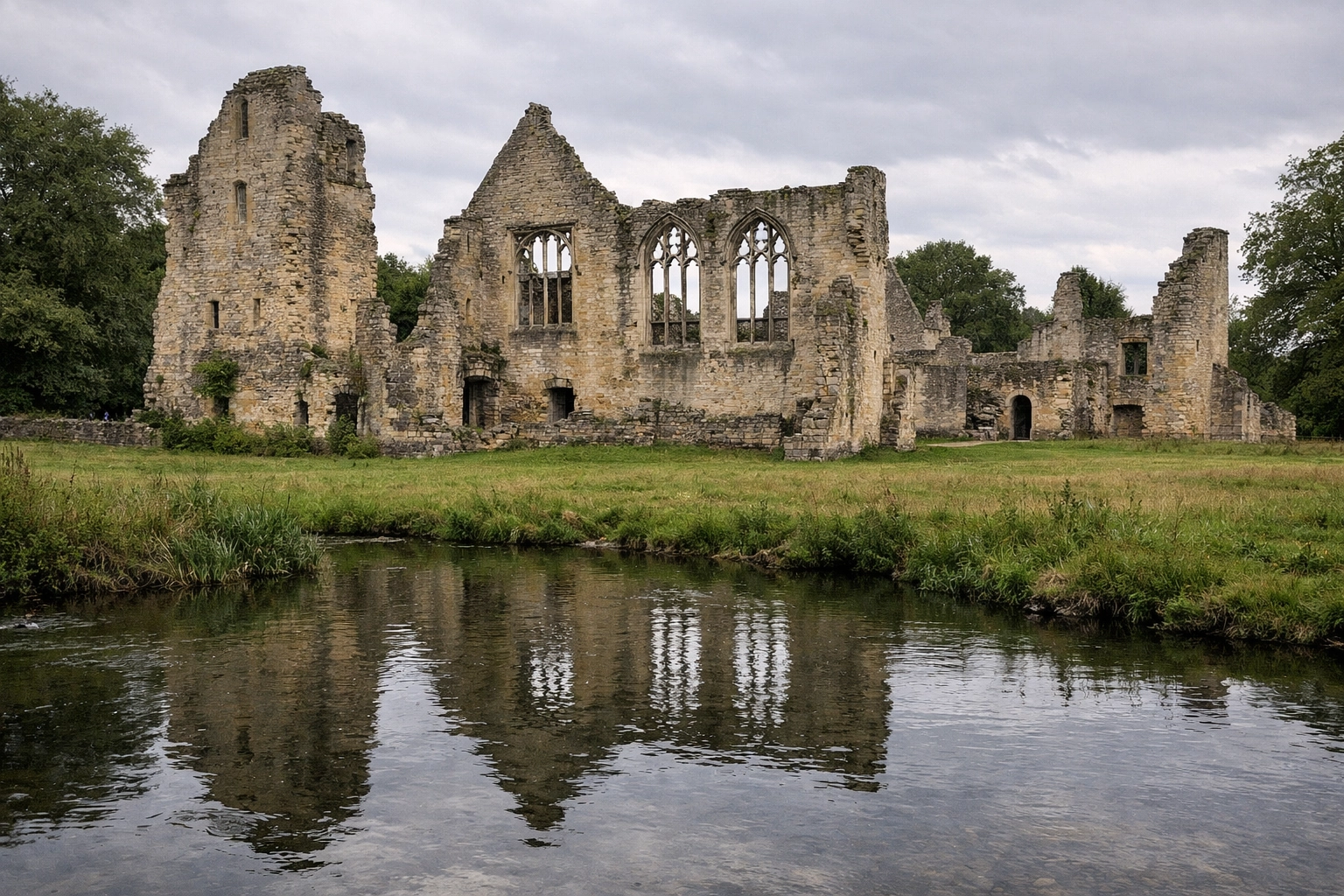 Atmospheric 15th-century limestone ruins of Minster Lovell Hall by the River Windrush in Oxfordshire.