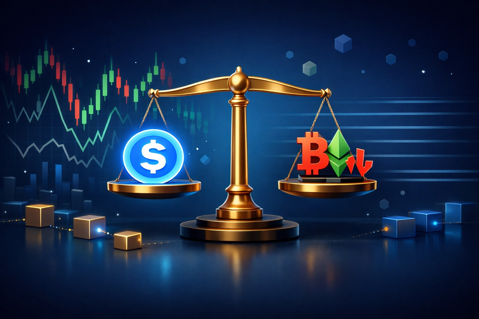 Stablecoin price stability versus volatile cryptocurrency on balanced scale illustration