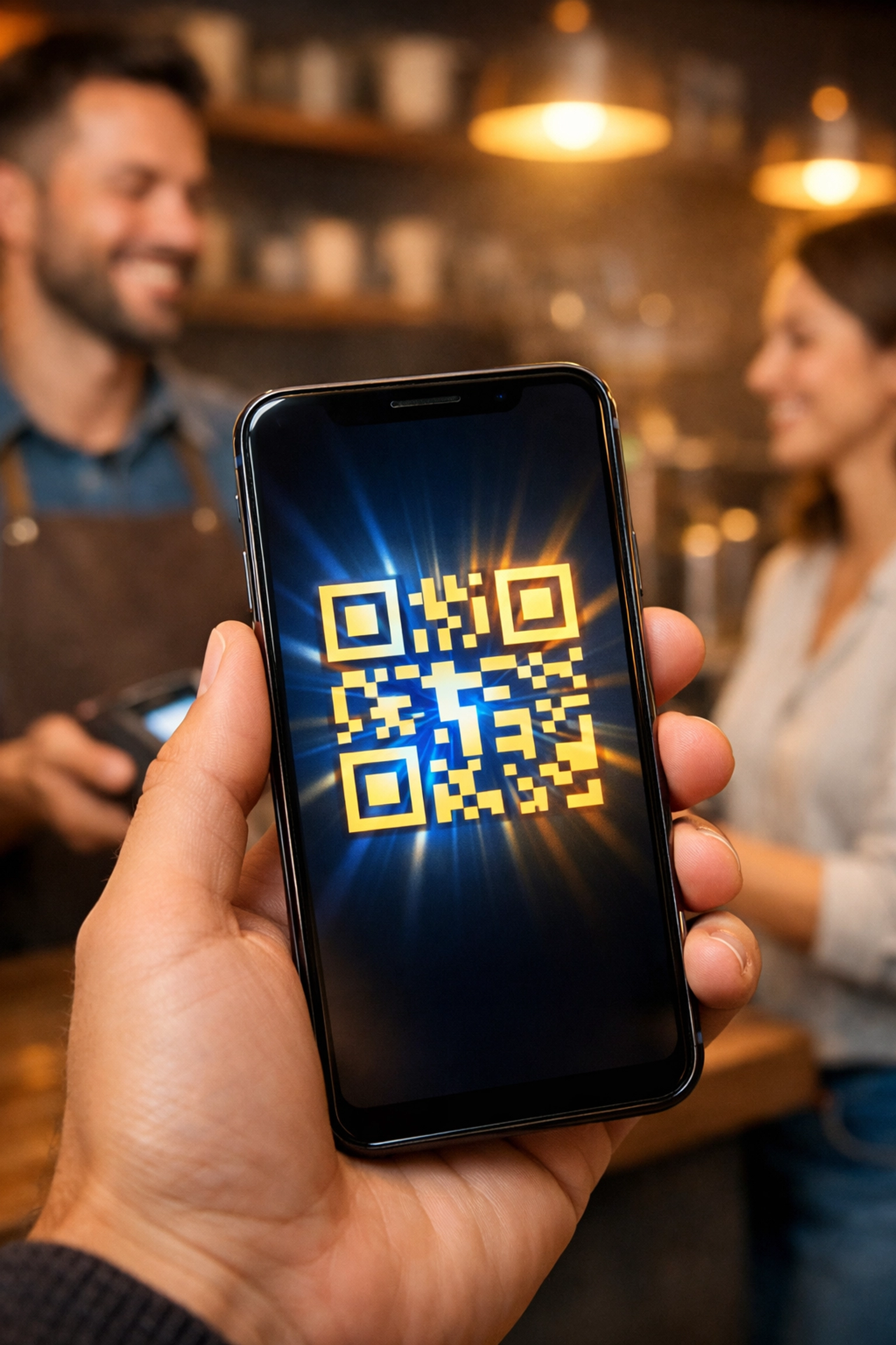Merchant using smartphone QR code for Larecoin payment with zero hardware costs in retail store