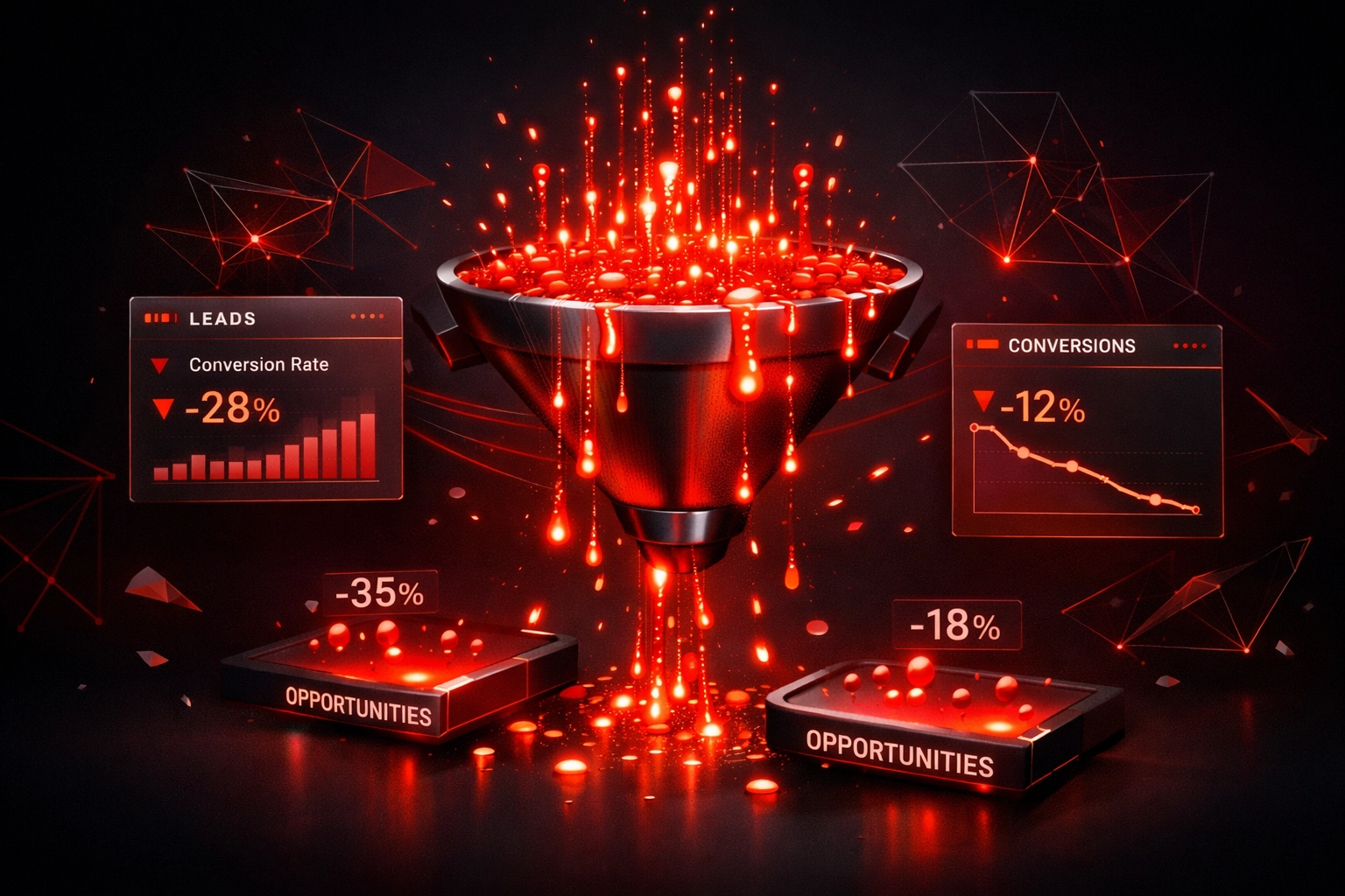 Overflowing lead funnel showing lost opportunities from delayed response times in CRM system