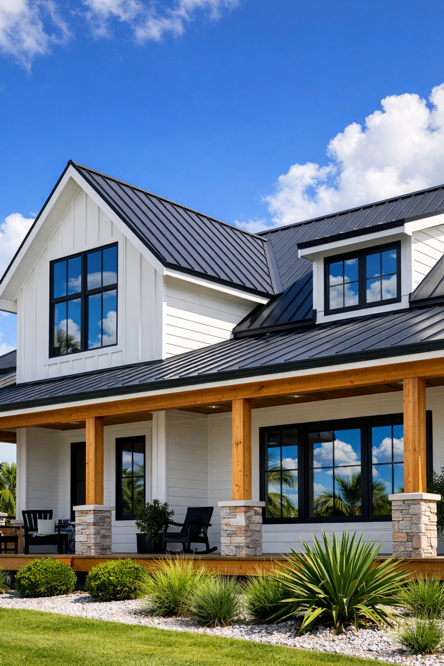 Expertly built modern farmhouse in Okeechobee with durable metal roofing and impact windows.