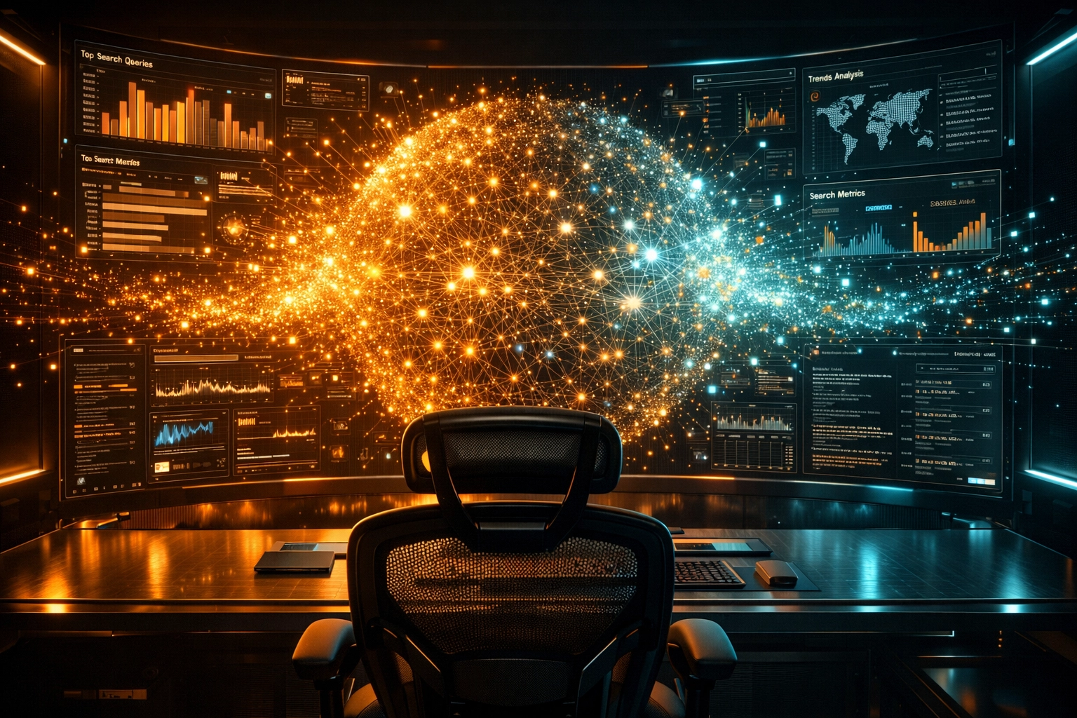 Visualization of a massive network of search queries and long-tail keyword data for programmatic SEO scaling.