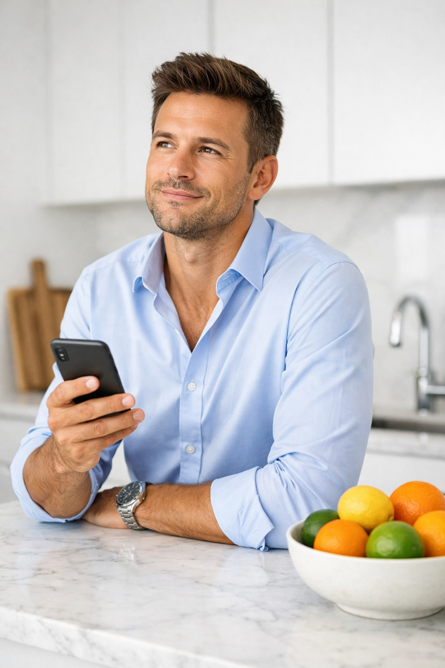 A man using his smartphone to take an online weight loss assessment for GLP-1 medication eligibility.