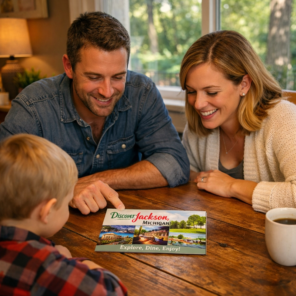 A Jackson Michigan family looking at a postcard marketing mailer together at their wooden dining table.