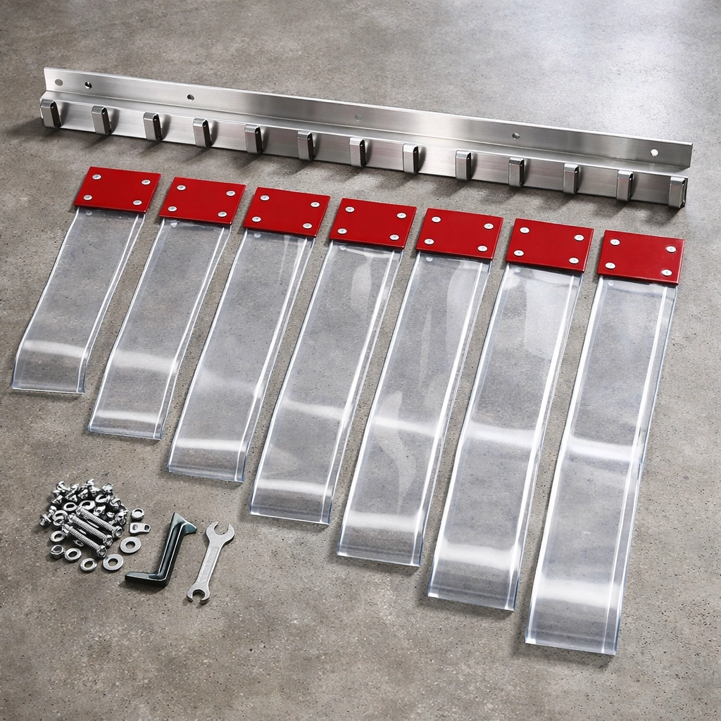 Standard PVC strip curtain kit with stainless steel hook-on rail and pre-riveted strips on warehouse floor.