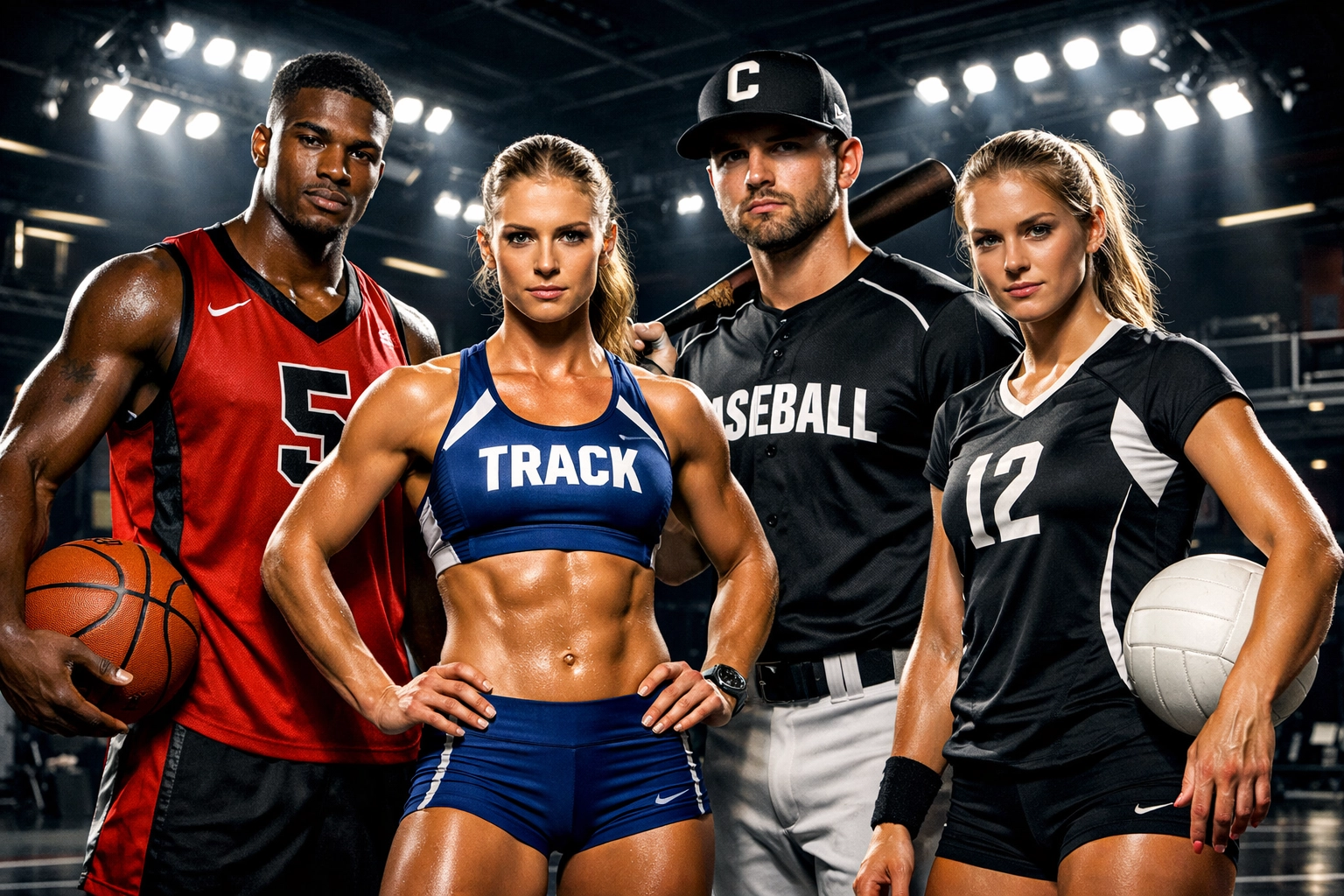 Diverse student-athletes from various sports collaborating on high-performance NIL branding opportunities.