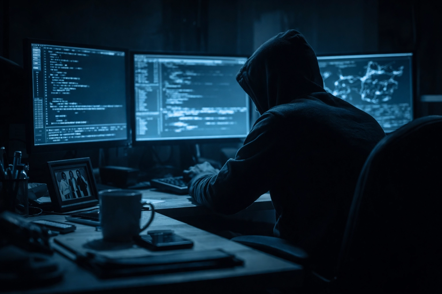 Hacker targeting small business cybersecurity shown by moody office setting and computer screens