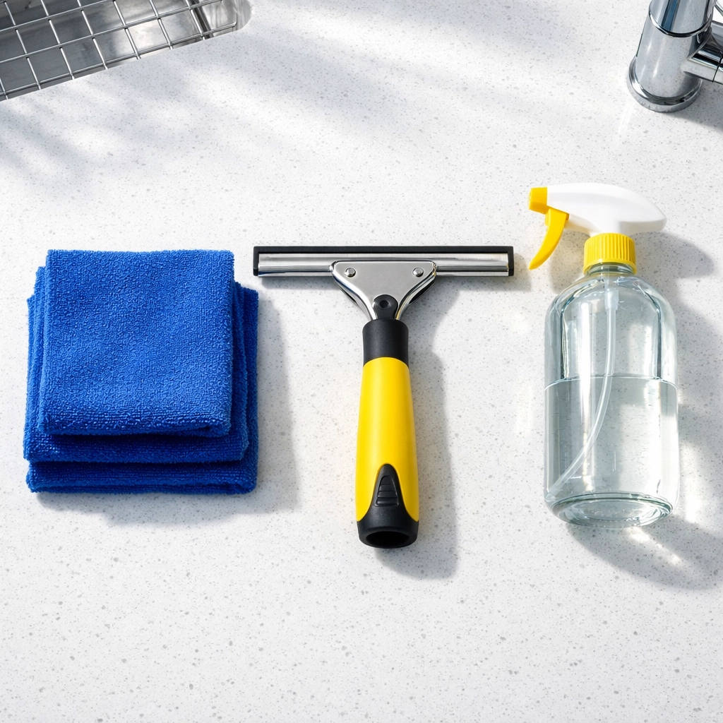 Eco-friendly window cleaning tools including a professional squeegee and blue microfiber cloths.
