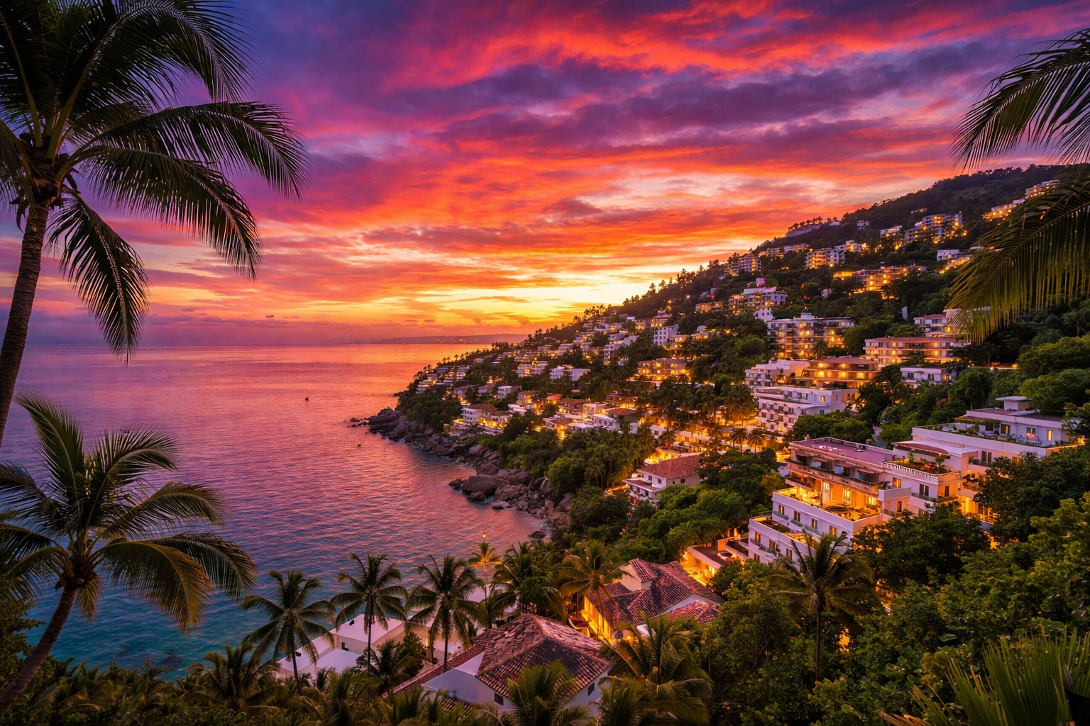 Sunset over the Amapas neighborhood in Puerto Vallarta, showing bay views, palm trees, and hillside homes