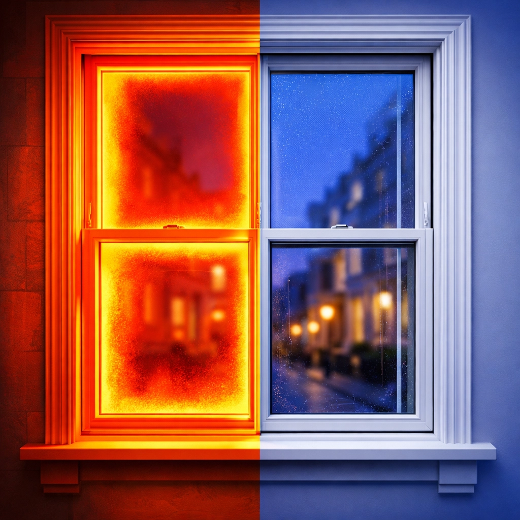 Thermal imaging showing heat loss in a London sash window compared to heat retention with secondary glazing.