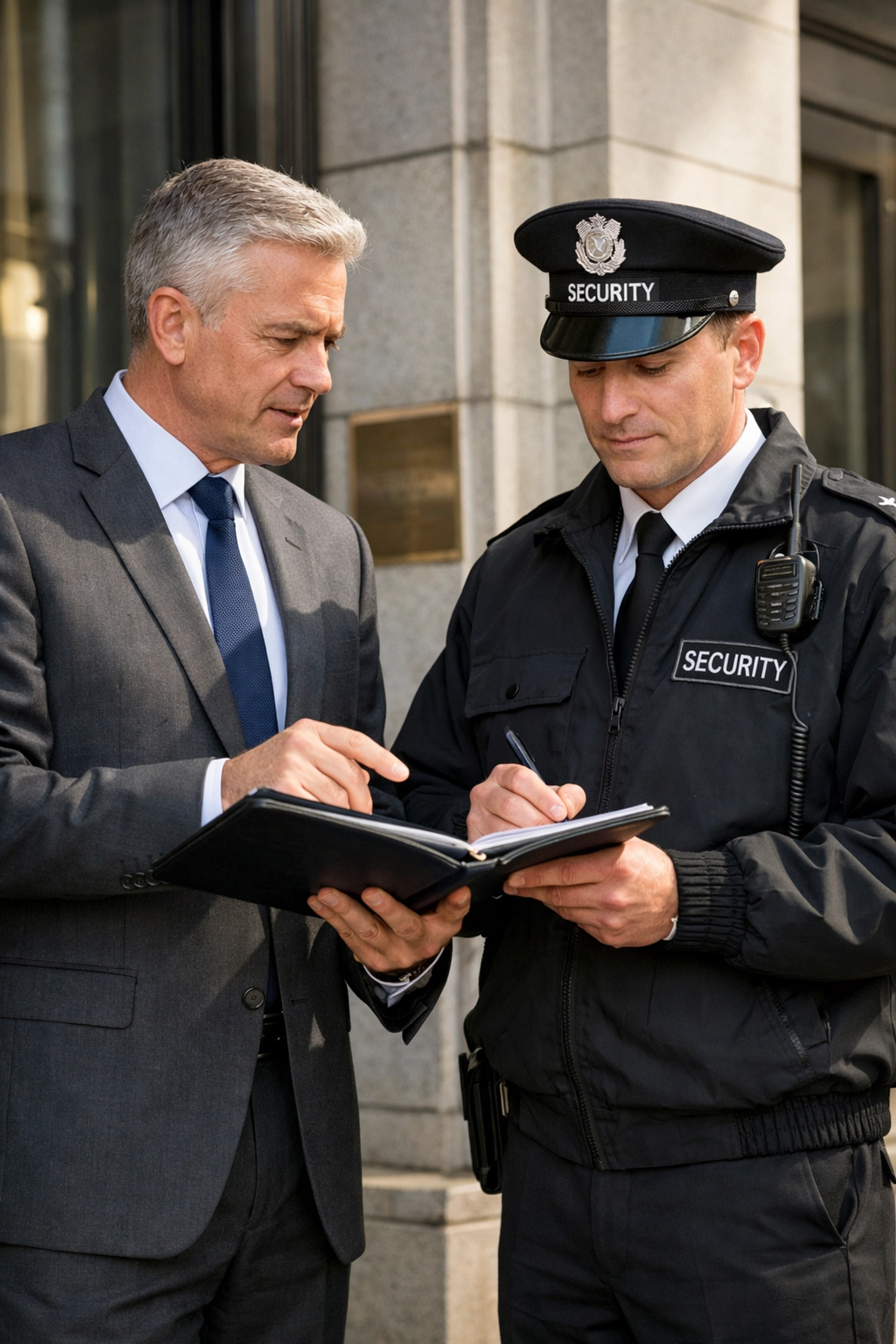 KGFM manager in Fitzrovia London providing personal supervision to a professional security guard.