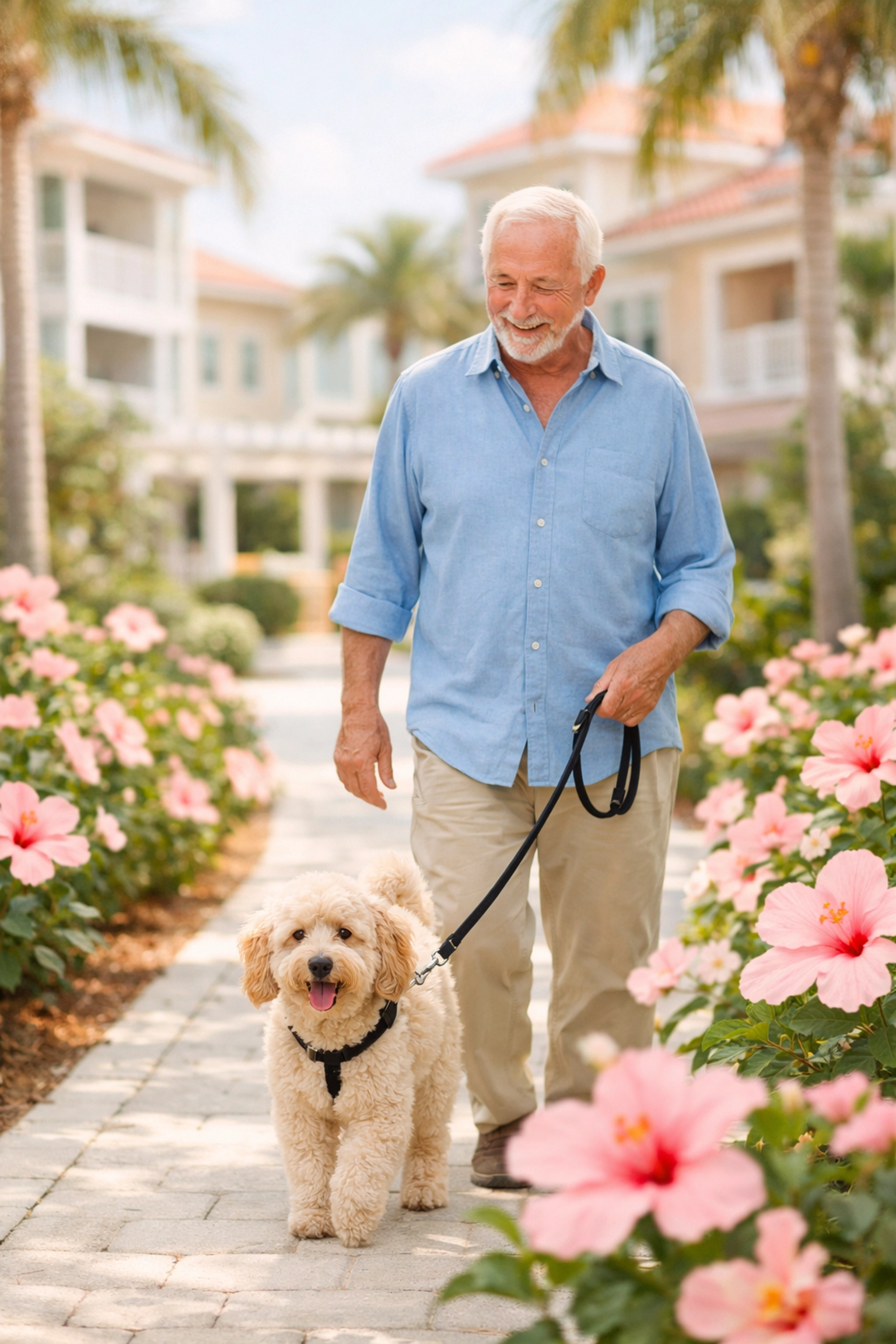 Active senior resident walking his dog in a beautiful Lakewood Ranch senior living courtyard.