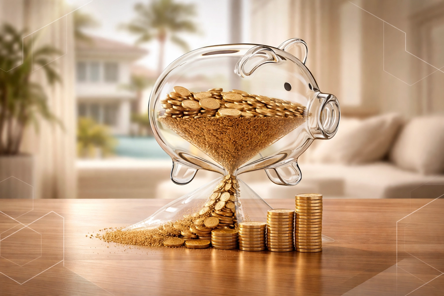 Transparent piggy bank with coins spilling out, representing Florida long-term care costs for retirees