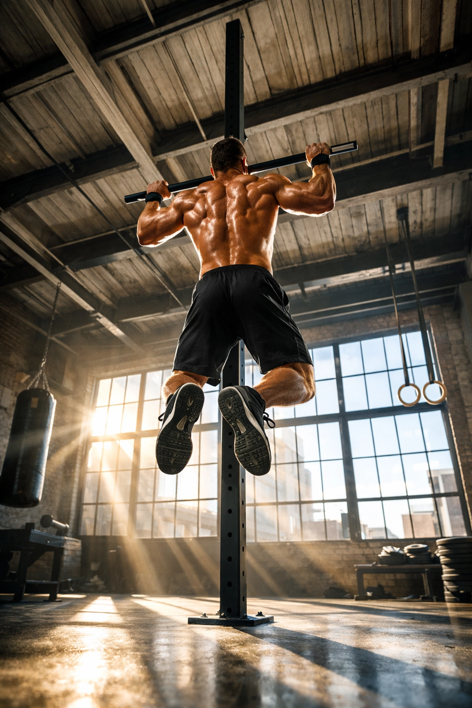 Athlete performing pull-ups on a floor to ceiling gym rail for full bodyweight training at home.
