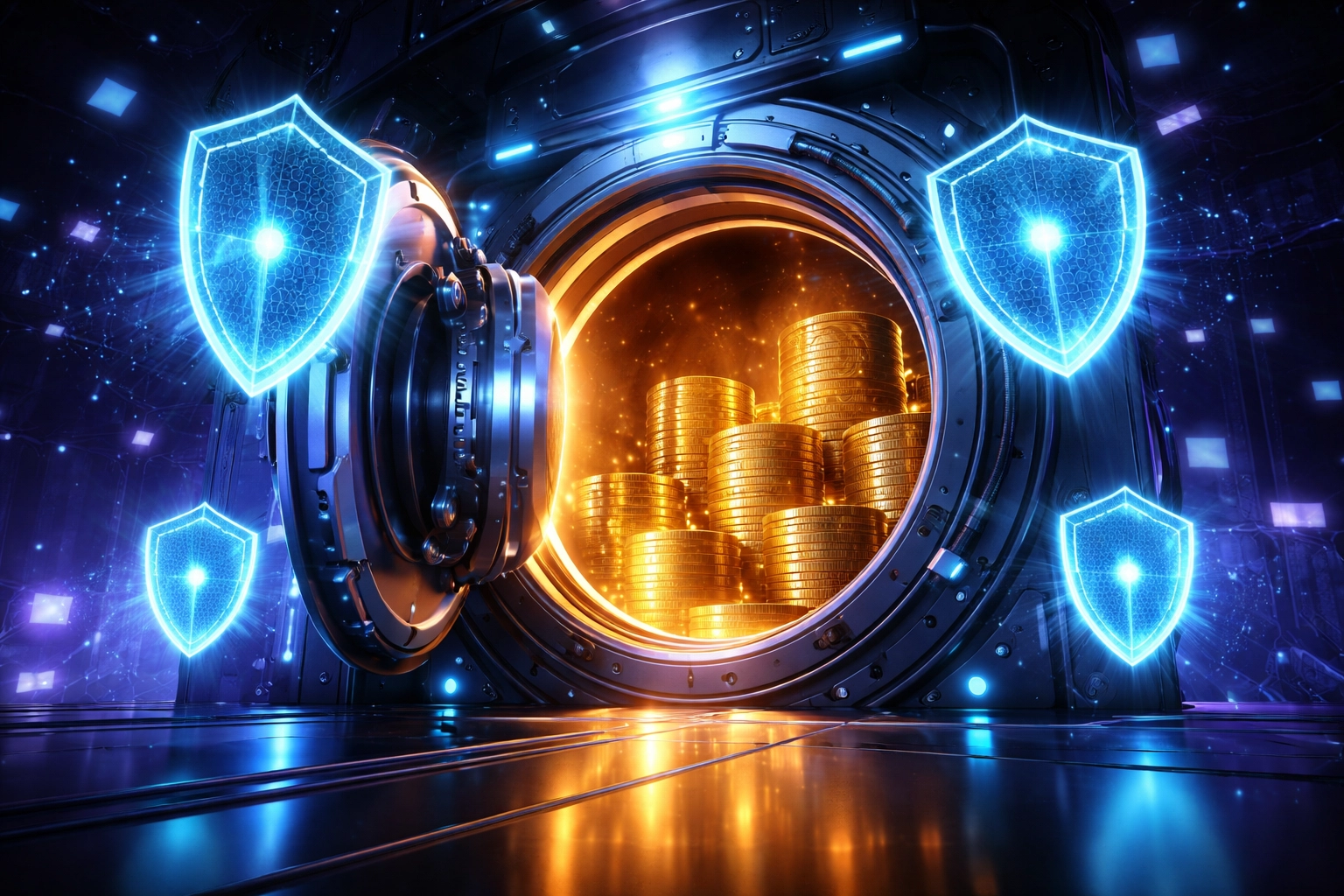 A digital vault with stacks of cryptocurrency coins symbolizing secure, self-custody Web3 merchant accounts.