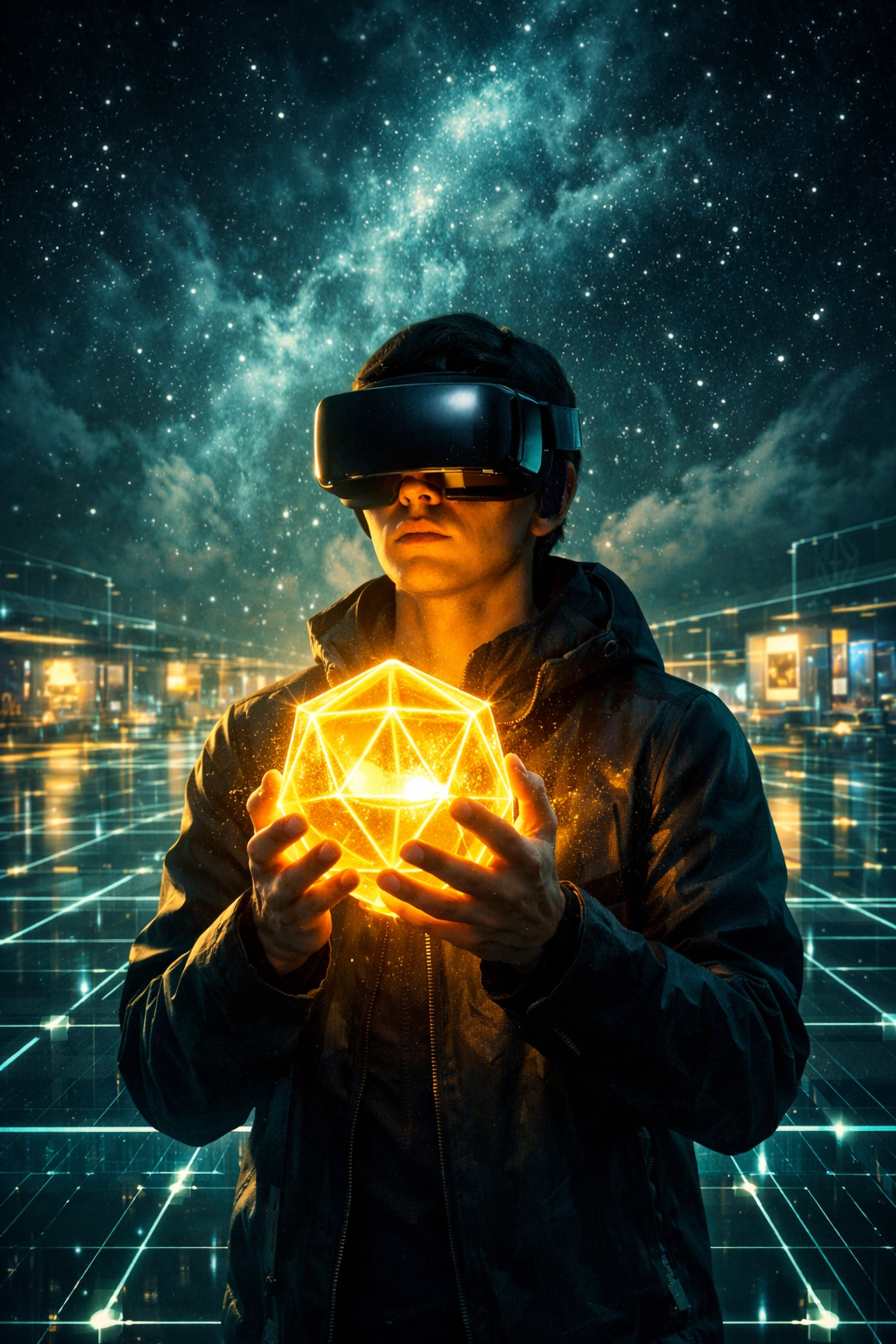 Metaverse merchant with a VR headset holding a glowing orb representing self-custody and digital asset ownership.