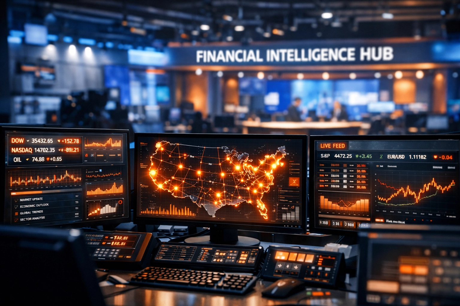 High-tech financial newsroom tracking record-breaking equipment financing and infrastructure market data.