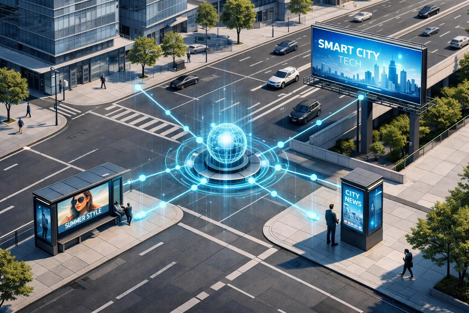 Strategic network of digital out-of-home advertising touchpoints within a modern smart city layout.