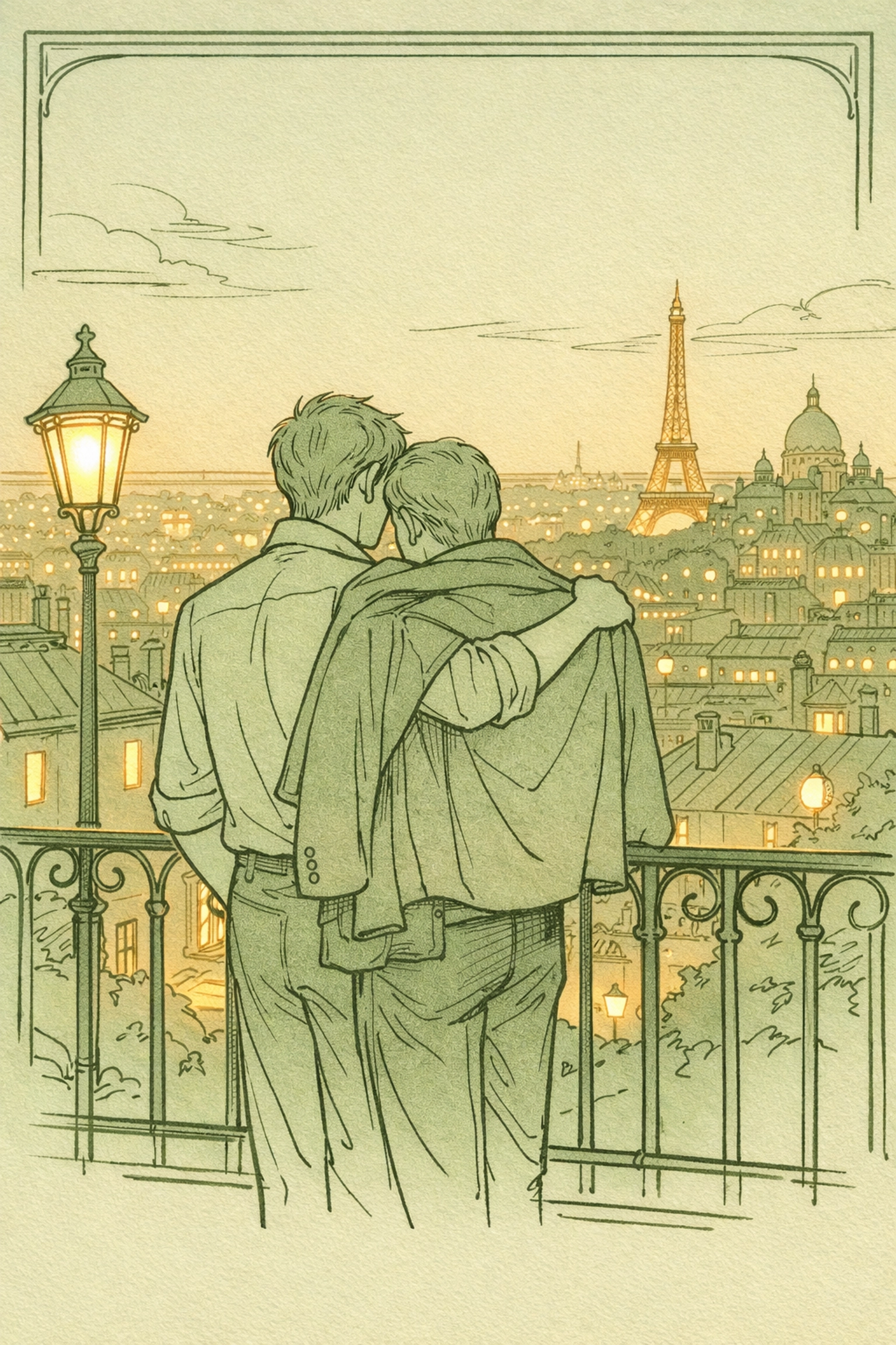 MM couple embracing at Montmartre rooftop railing overlooking illuminated Paris cityscape