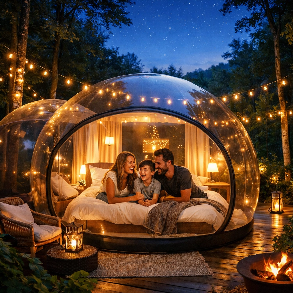Luxury bubble tent glamping in the forest, a perfect instagrammable family vacation spot.