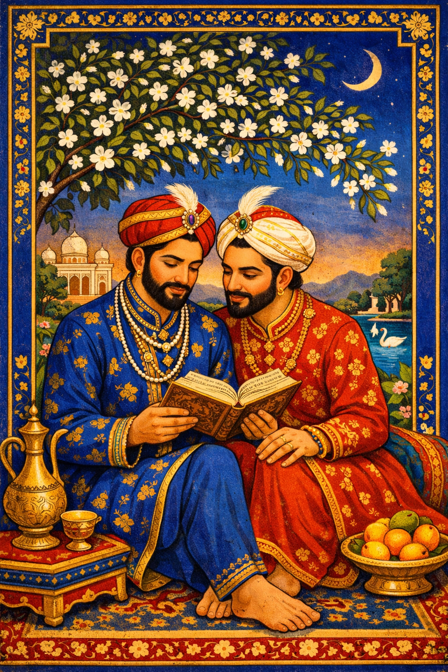 Mughal-style illustration of two South Asian men sharing an intimate moment, celebrating queer history and literature.