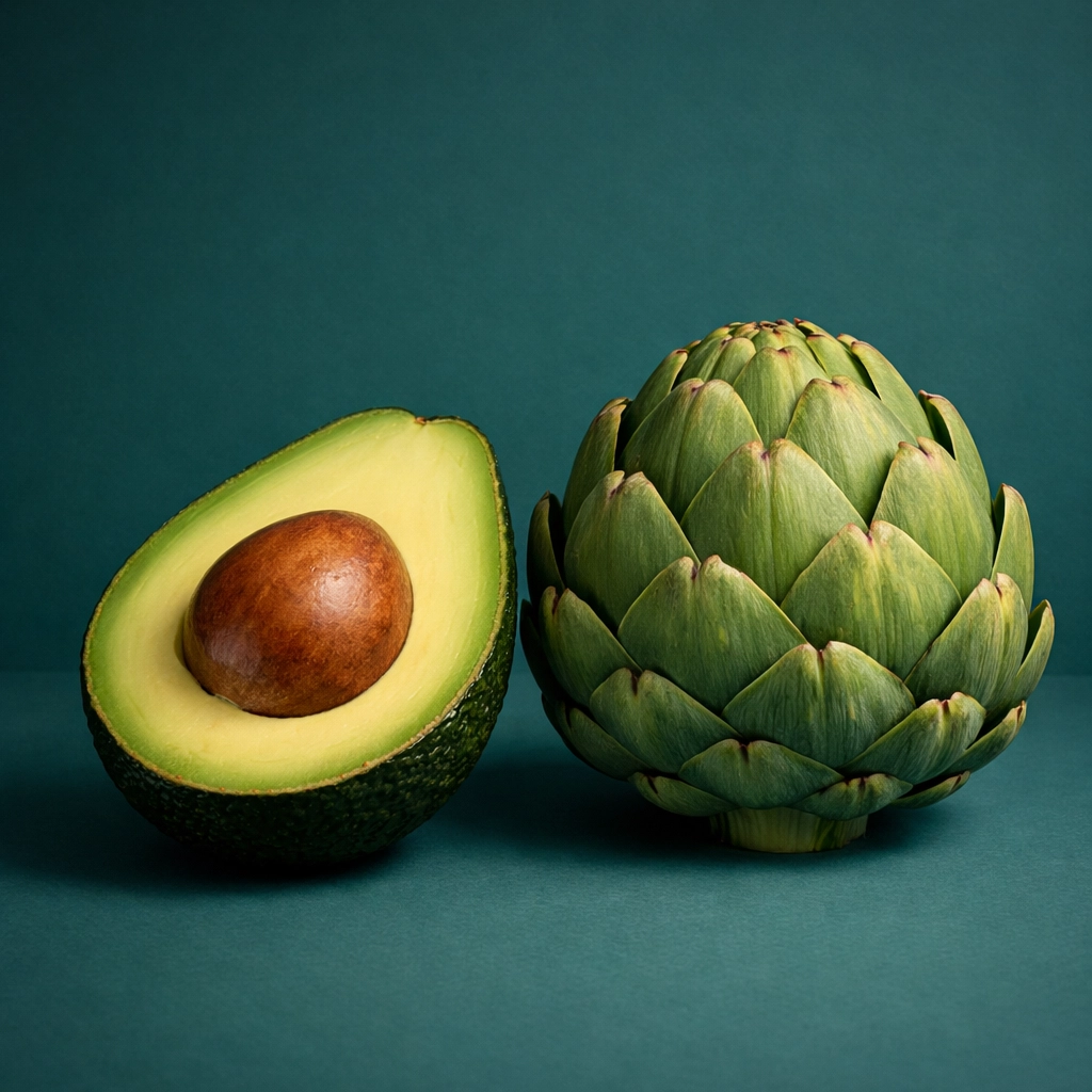 Nutrient-dense avocado and artichoke illustrating complex whole foods for metabolic flexibility.