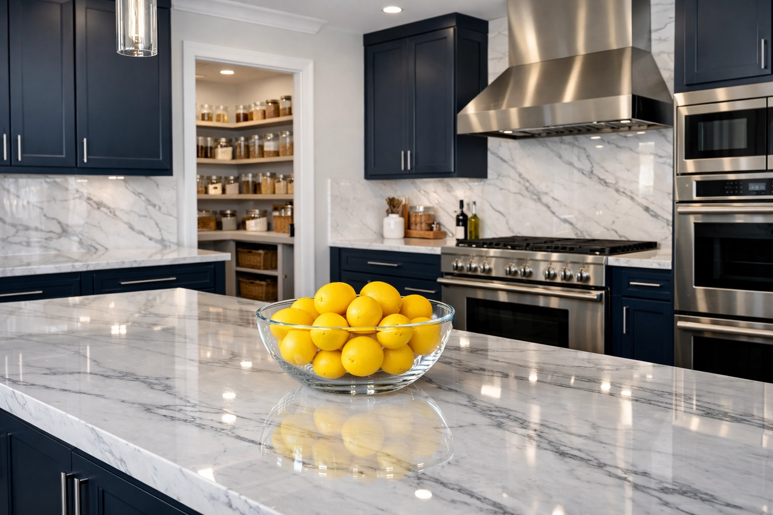 A luxury kitchen with buffed marble counters after professional deep cleaning Worcester services.