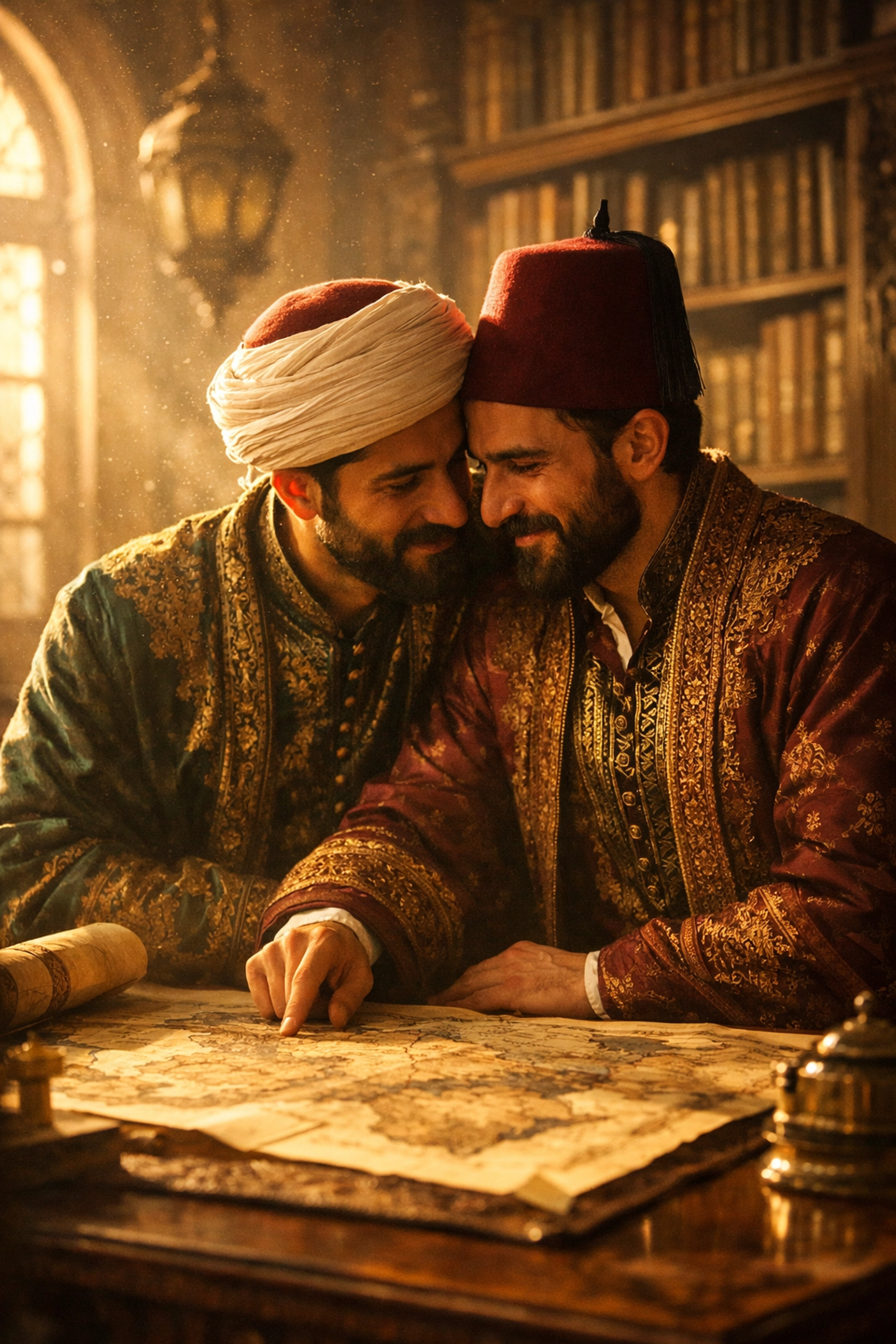 Ottoman men in a historic library reflecting gay history and the 1858 decriminalization reforms.