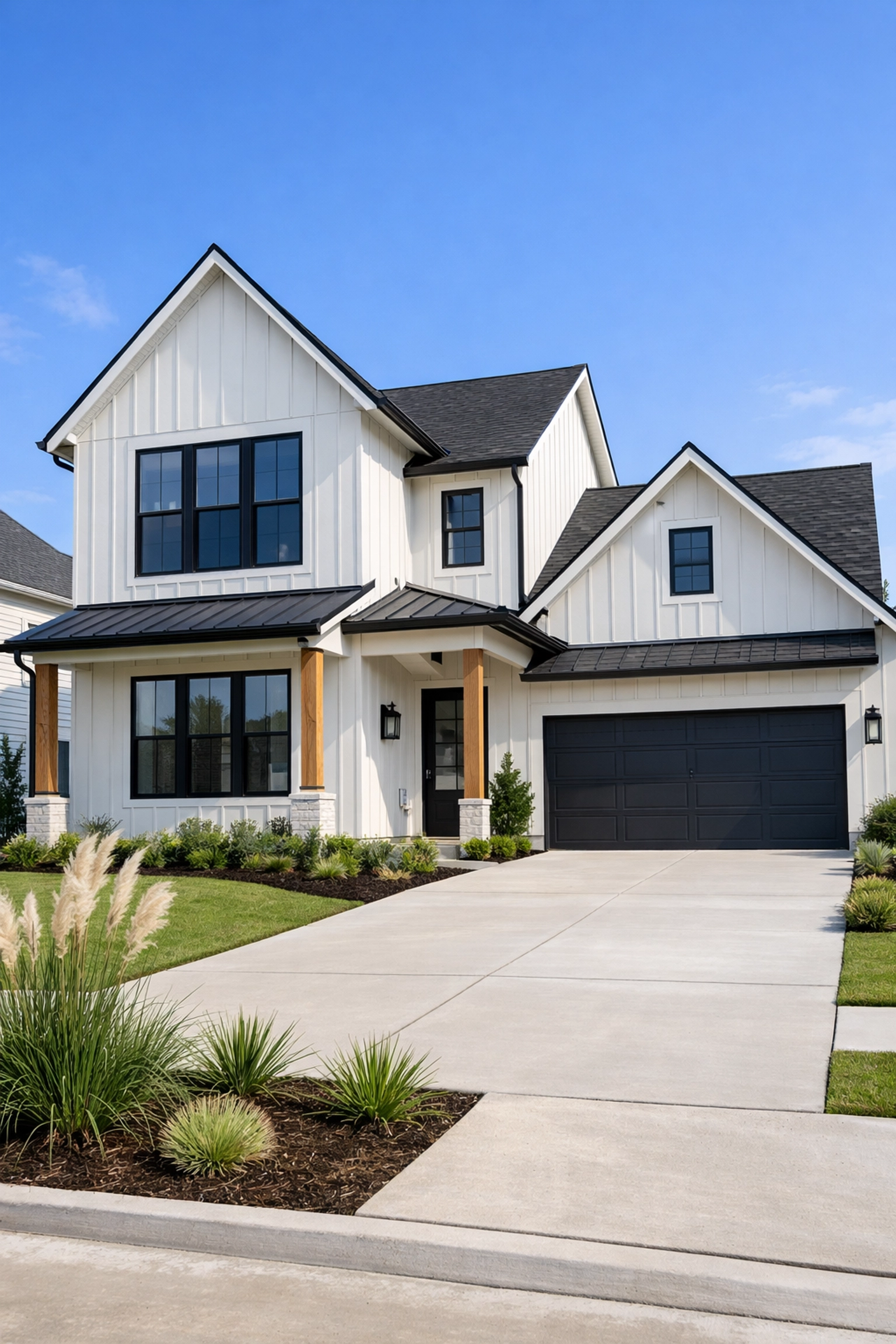 New construction modern farmhouse home in Houston, showing high-end curb appeal for real estate investors.