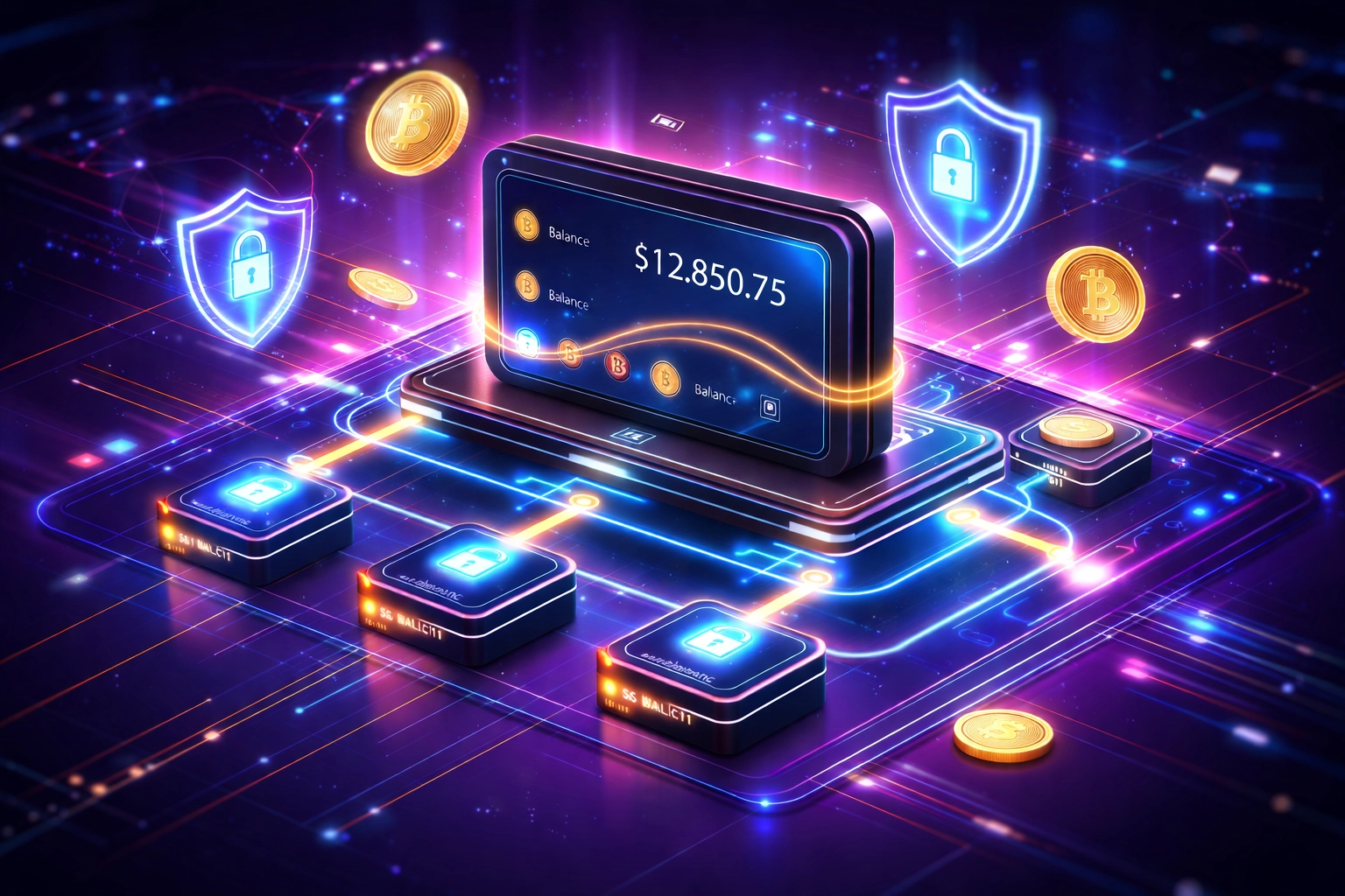 Digital wallet interface with crypto coins and secure data streams, highlighting Larecoin self-custody and master sub-wallet features for metaverse payments