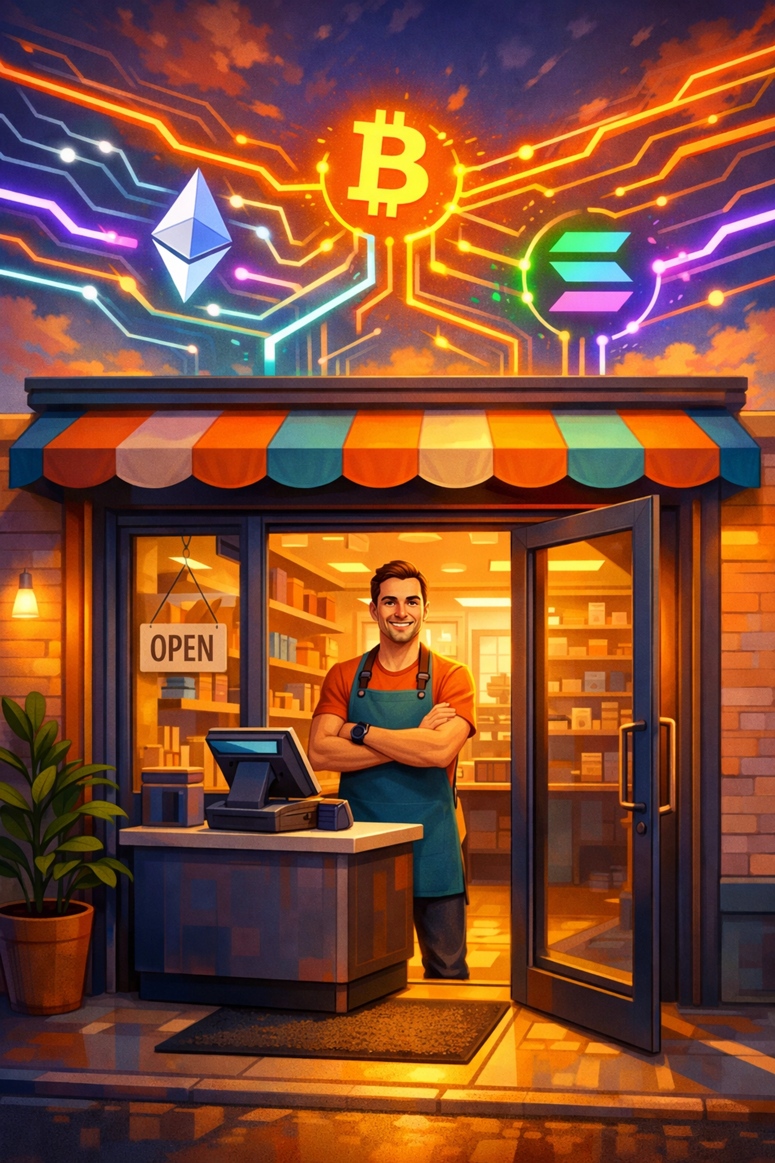 Small business merchant accepting crypto payments through decentralized payment network
