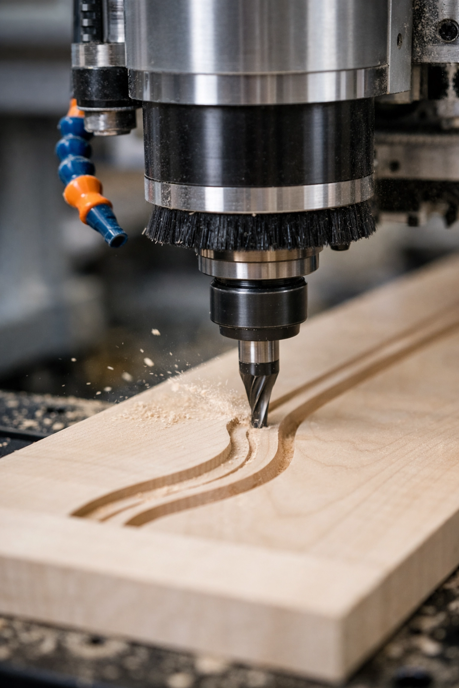 High-tech CNC wood router carving a maple panel, illustrating critical woodworking machinery coverage.
