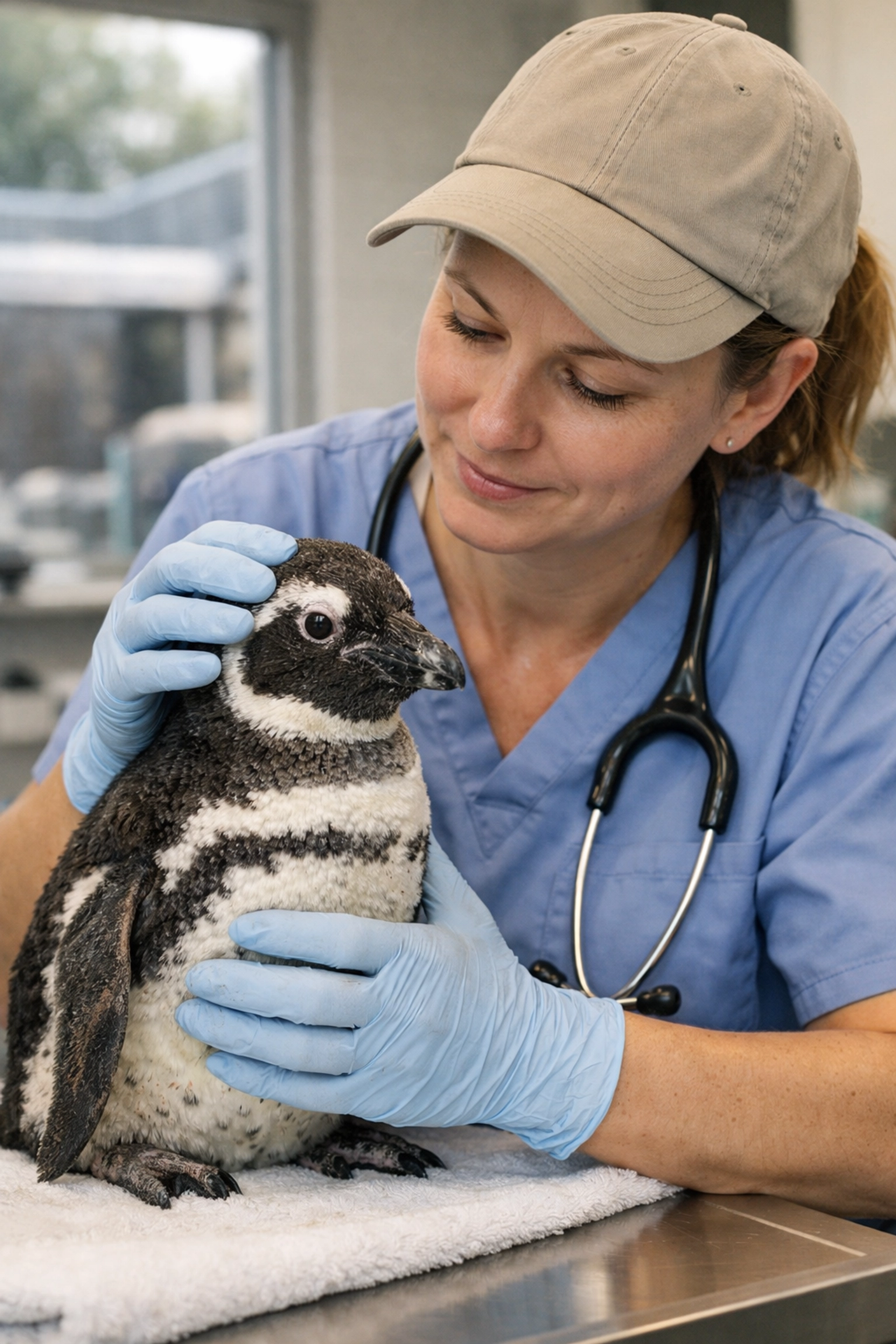 A zoo veterinarian examining an African Penguin, showing professional imagery for mission-driven conservation.